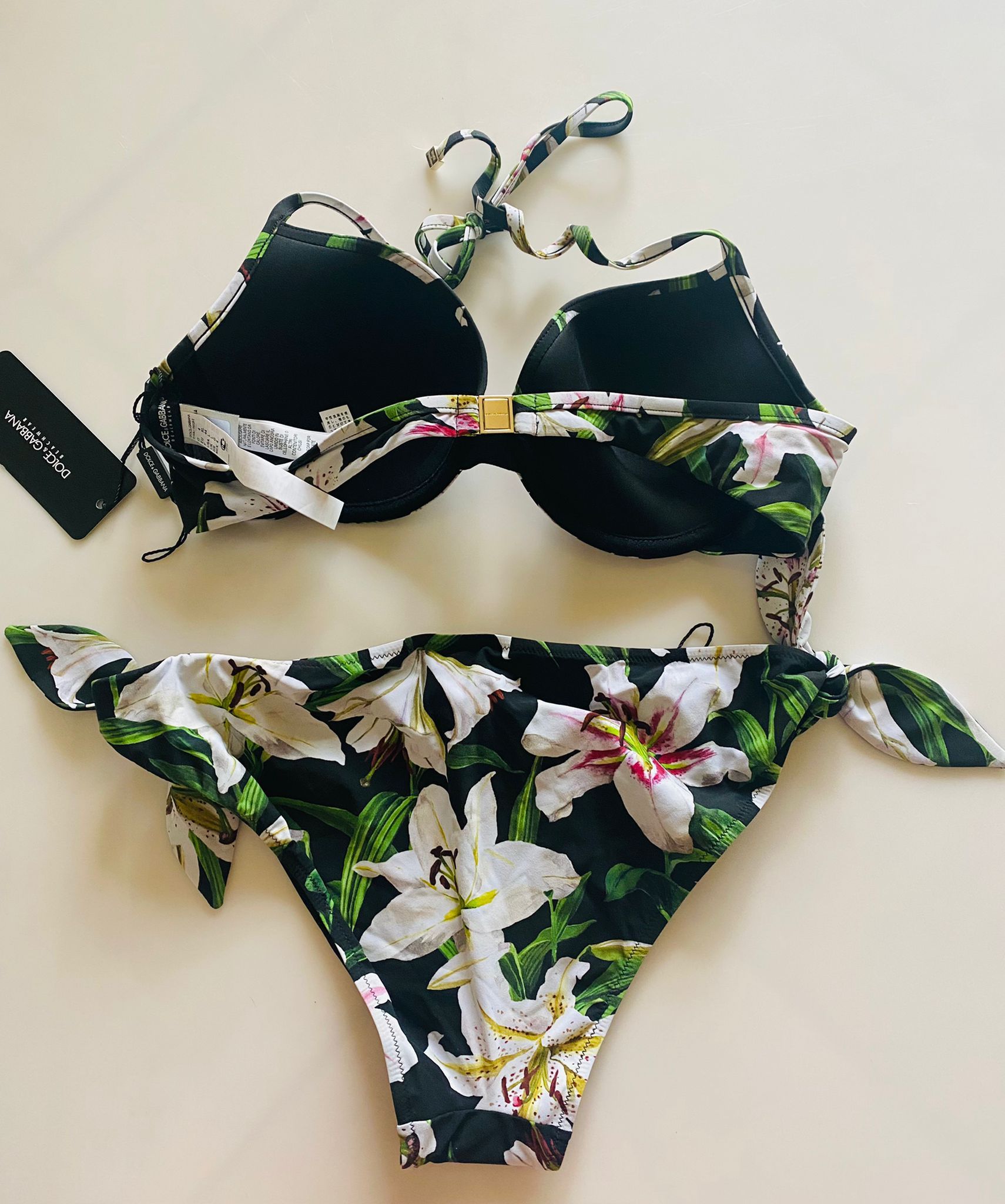 Dolce  Gabbana White Lily Printed Halterneck Bikini Size M Multicolour polyamide/elasthan