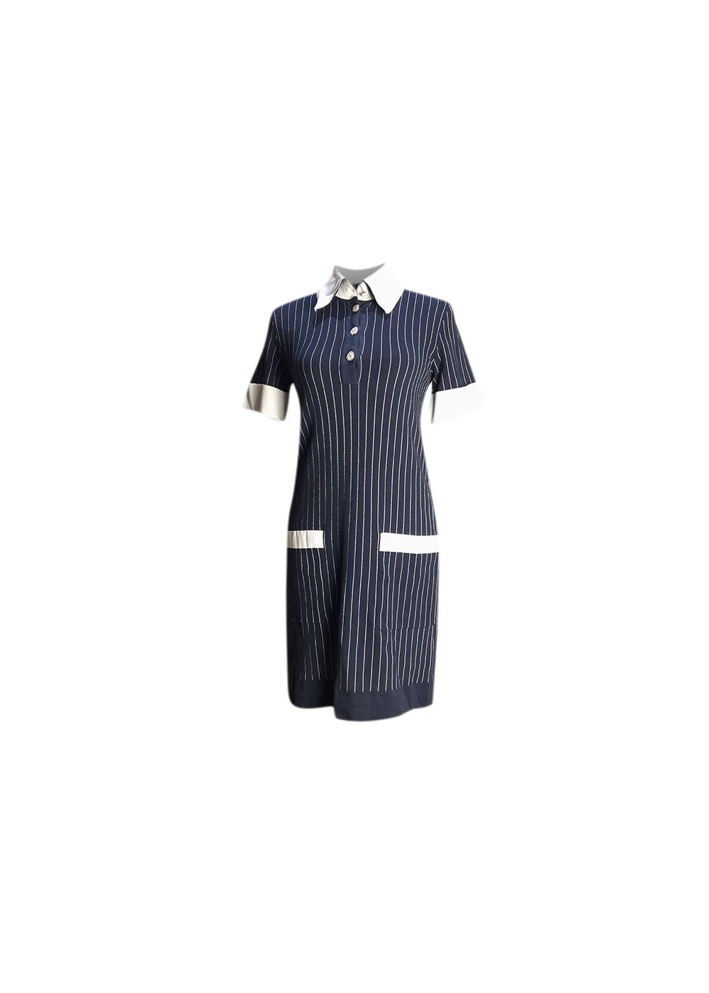 Preowned Chanel Blue  white pinstripe stretch knit polo dress Size XXS Navy cotton