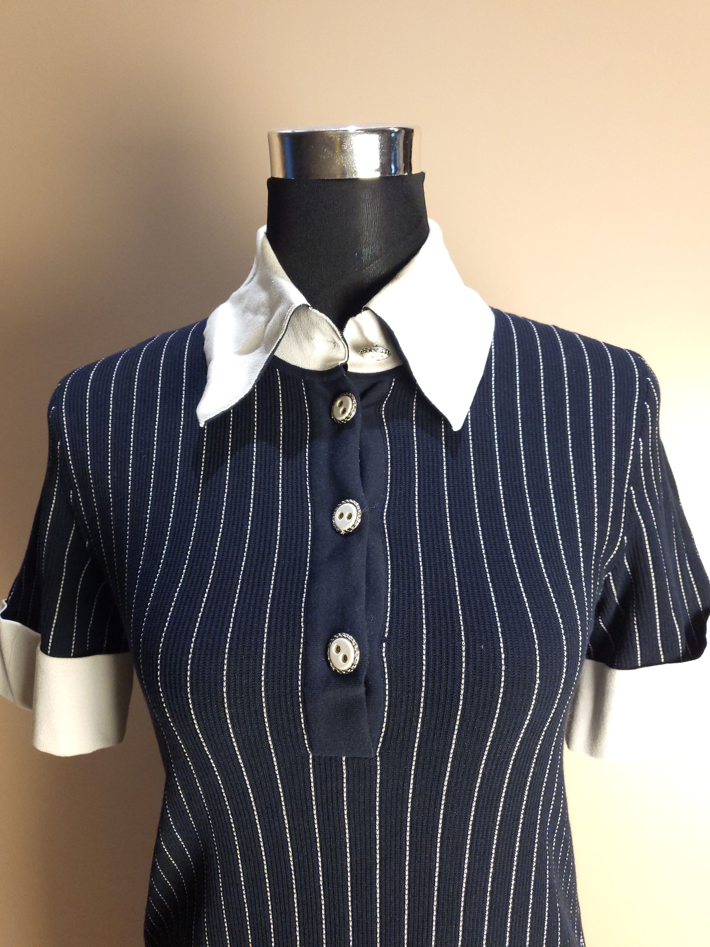 Preowned Chanel Blue  white pinstripe stretch knit polo dress Size XXS Navy cotton