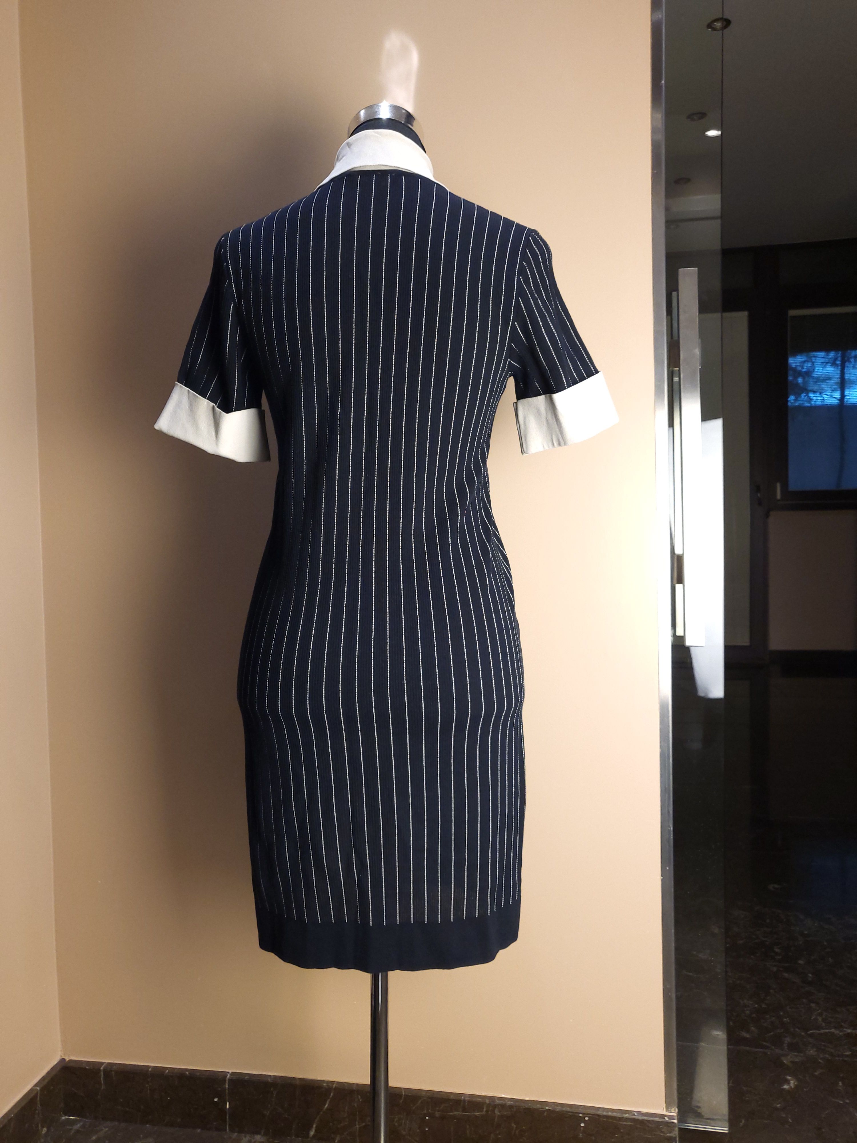 Preowned Chanel Blue  white pinstripe stretch knit polo dress Size XXS Navy cotton