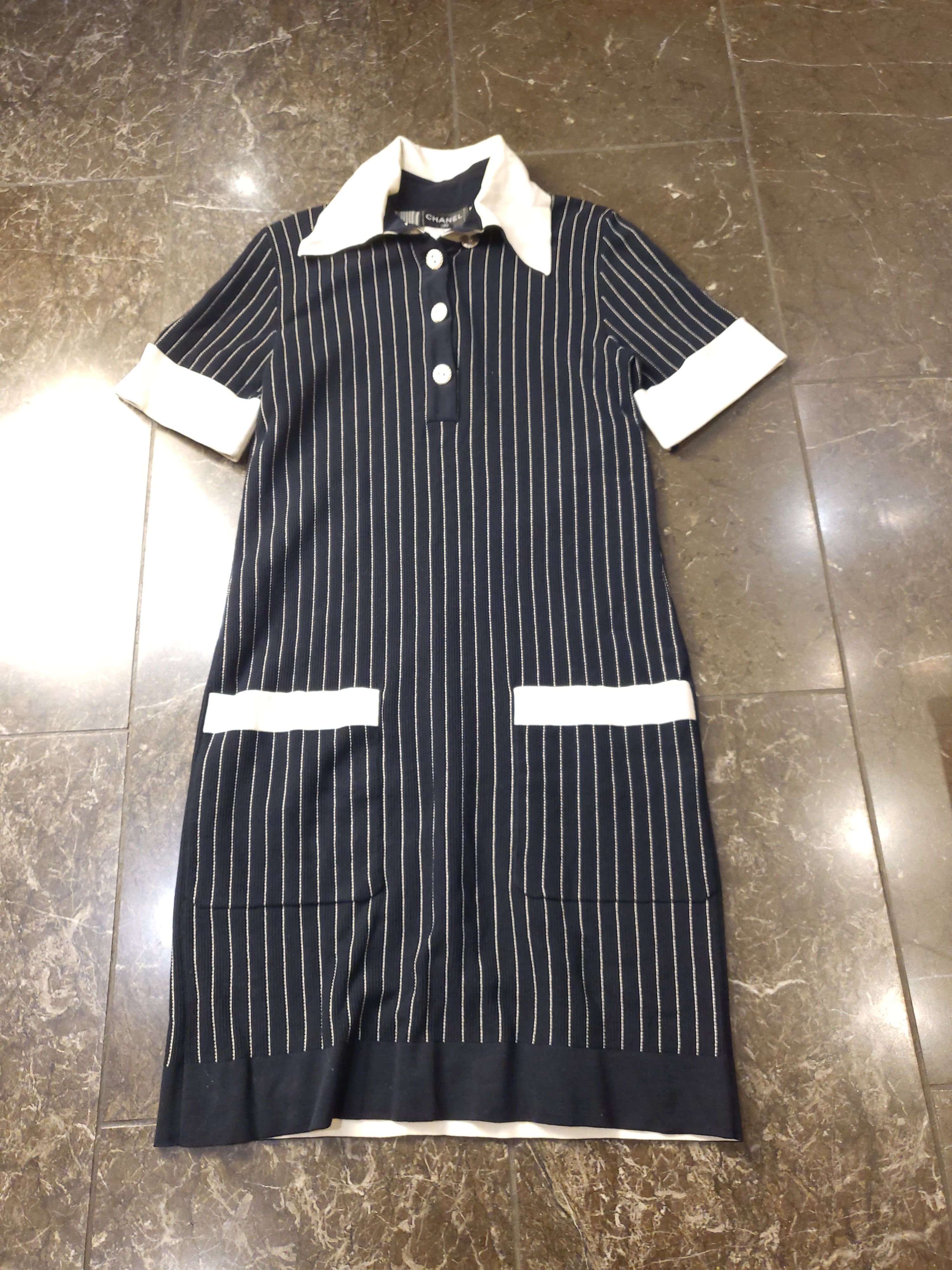 Preowned Chanel Blue  white pinstripe stretch knit polo dress Size XXS Navy cotton