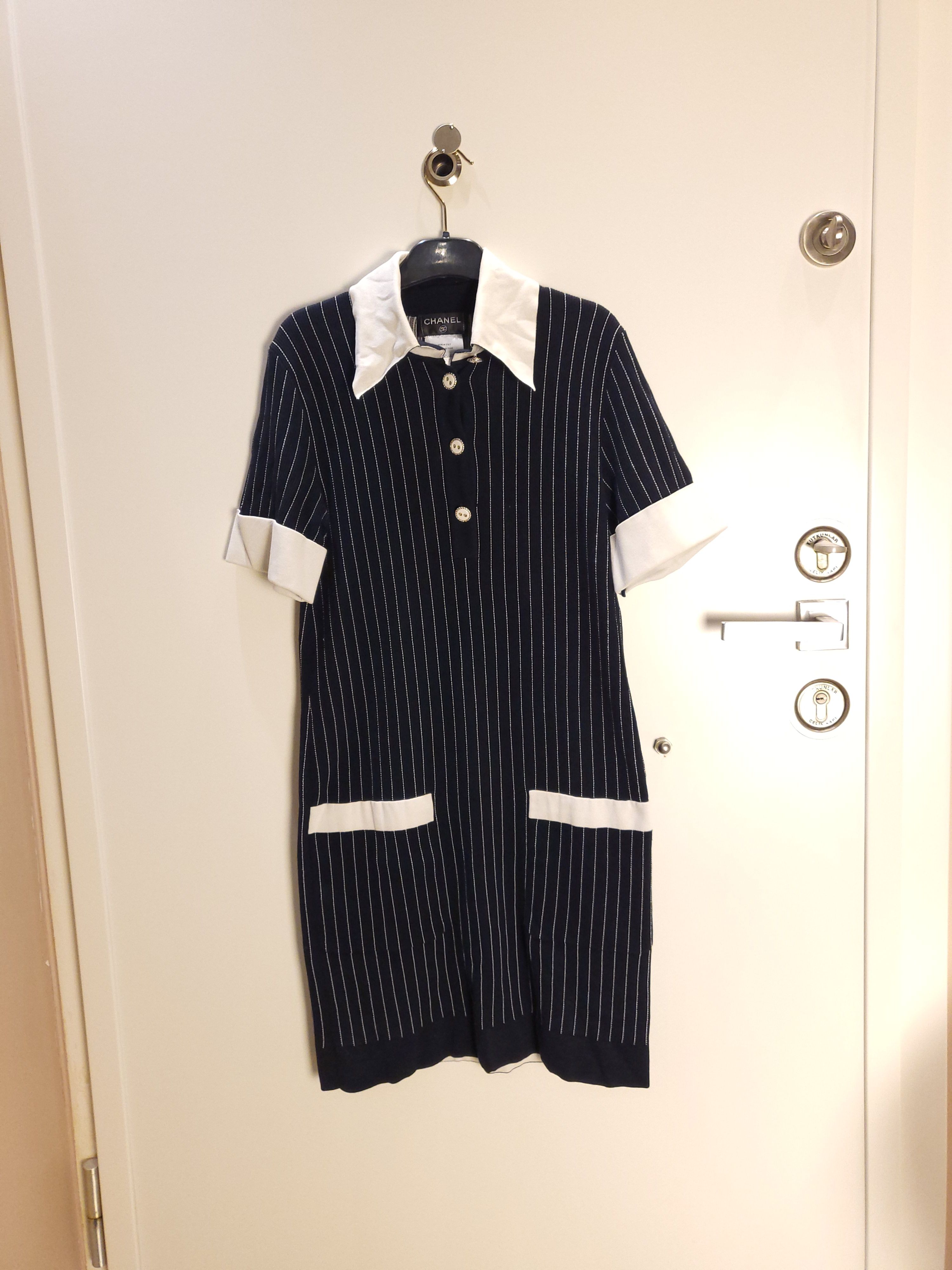 Preowned Chanel Blue  white pinstripe stretch knit polo dress Size XXS Navy cotton