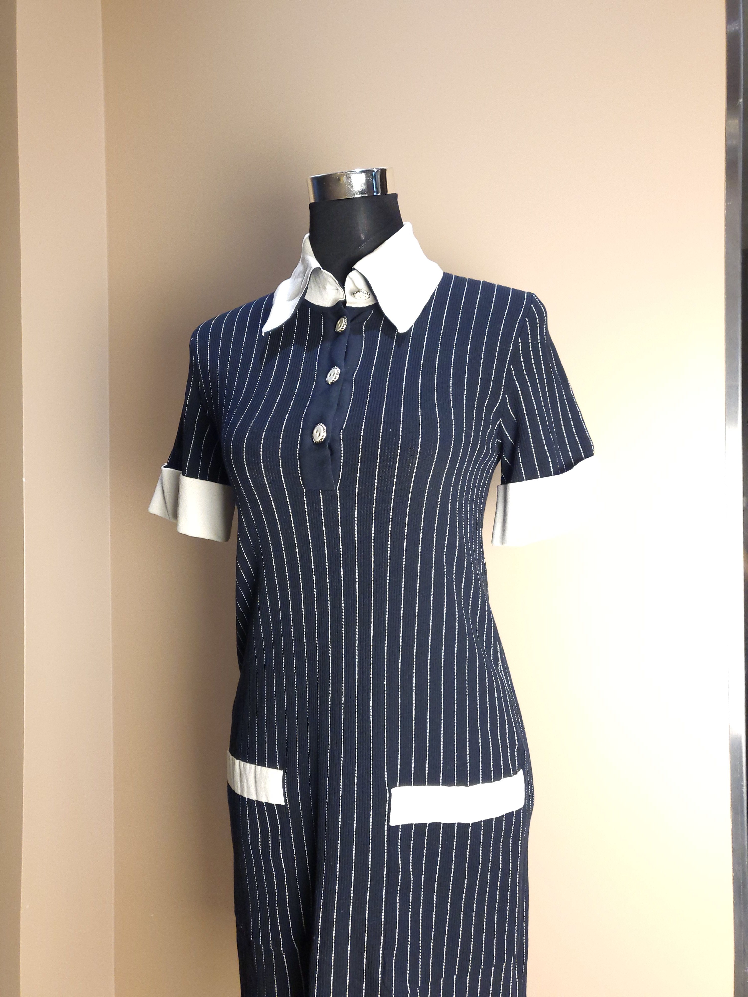 Preowned Chanel Blue  white pinstripe stretch knit polo dress Size XXS Navy cotton