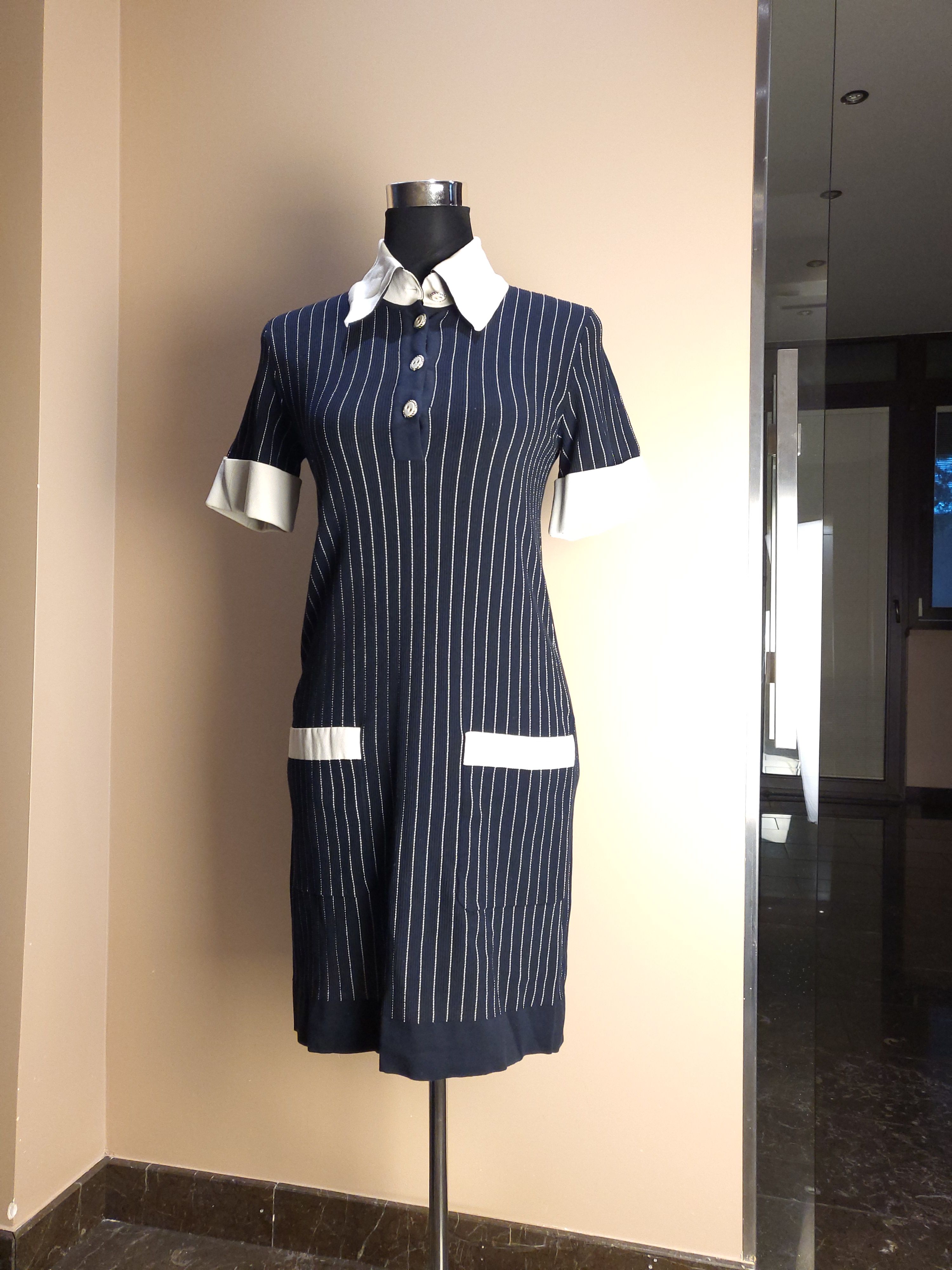 Preowned Chanel Blue  white pinstripe stretch knit polo dress Size XXS Navy cotton