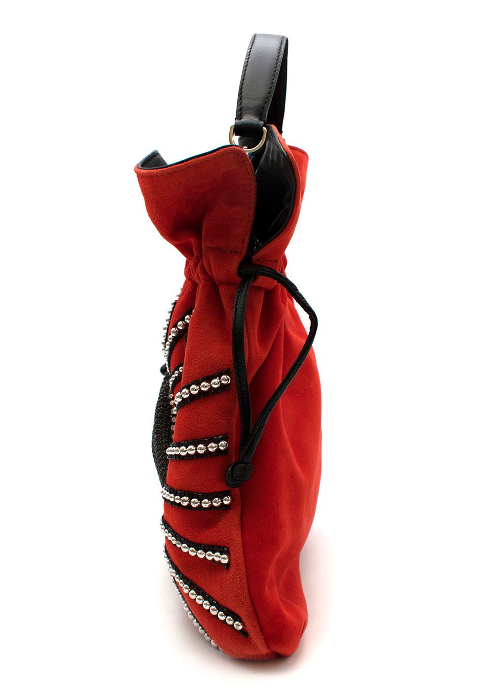 Les Petits Joueurs Heart Embellished Suede Mini Drawstring bag Red and Black