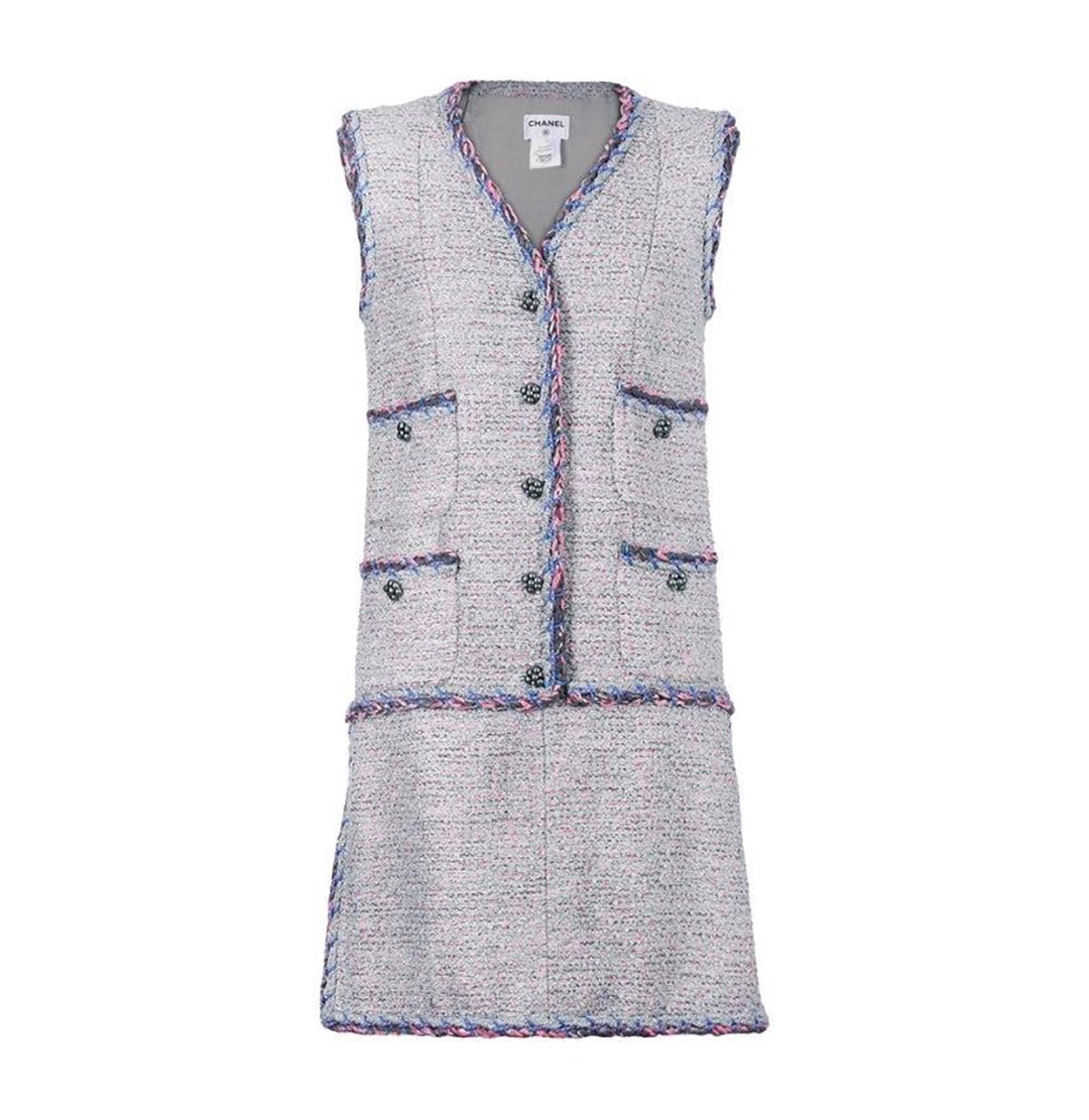 Chanel Grey Multi Pocket Tweed Midi Dress Size M