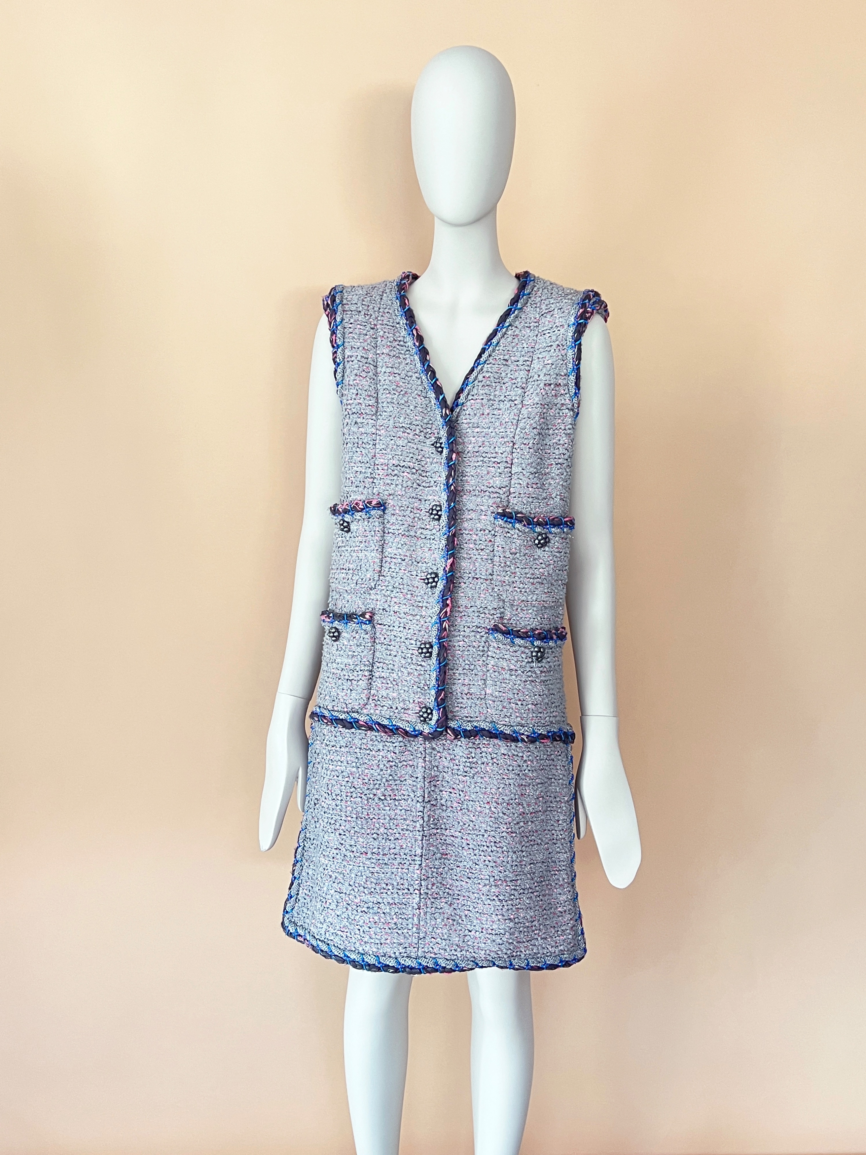 Chanel Grey Multi Pocket Tweed Midi Dress Size M