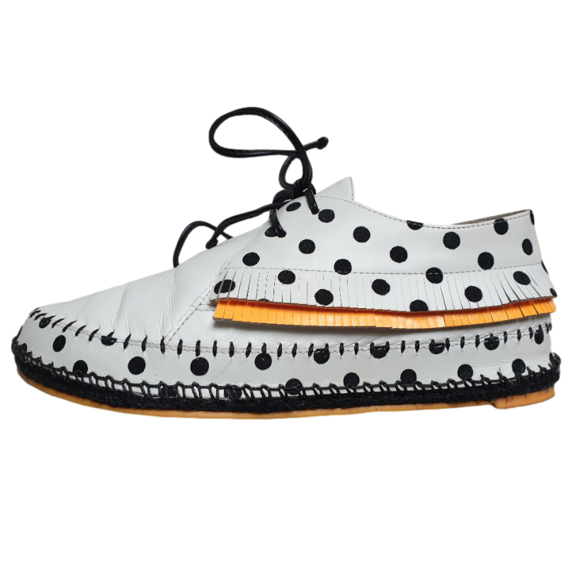 Preowned Sophia Webster white polka dot lace-up moccasins Size 375 Floral / Patterned leather