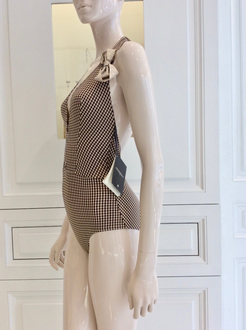 Minuit Douze Iridescent Gingham One-Piece Swimsuit Size M Tan/Brown polyamide/elastane