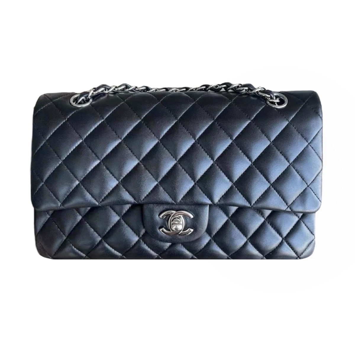 Preowned Chanel Black Lambskin Medium Double Flap Bag leather