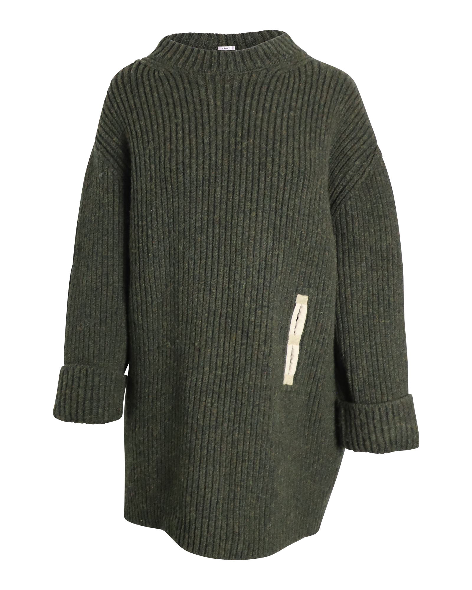 Preowned Celine Contrast Pocket Chunky Olive Knit Jumper Size XS green | olive wool