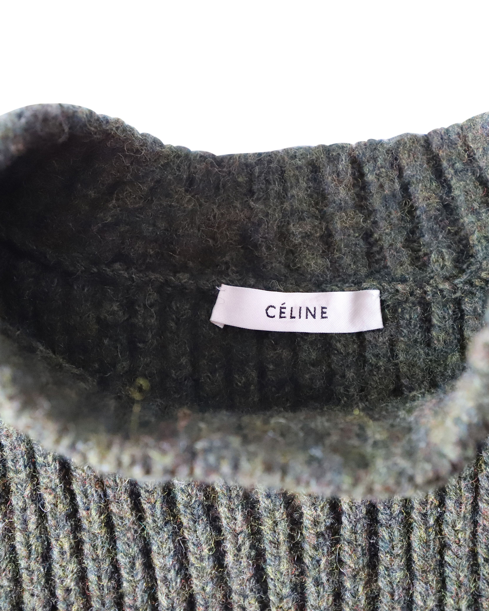 Preowned Celine Contrast Pocket Chunky Olive Knit Jumper Size XS green | olive wool