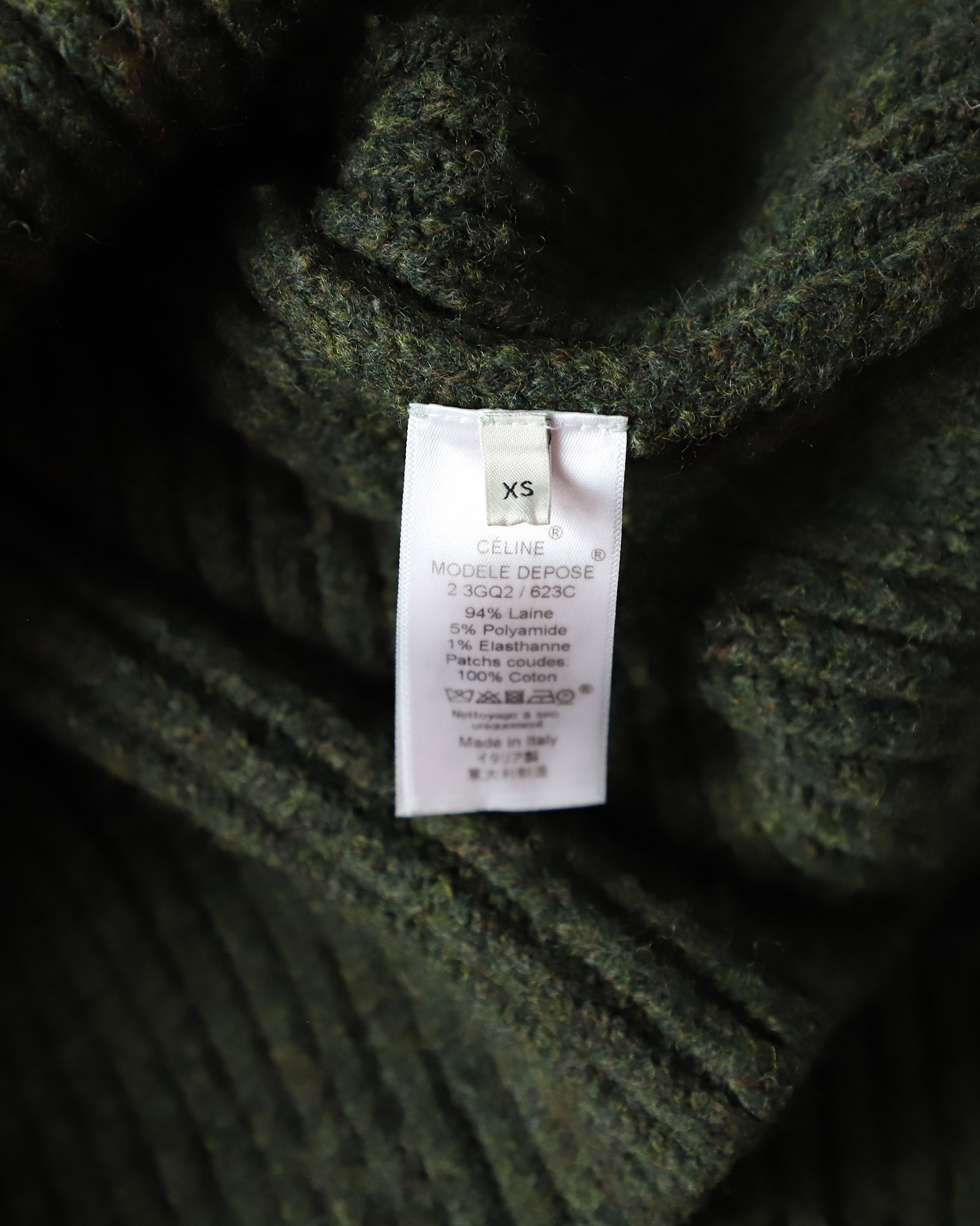 Preowned Celine Contrast Pocket Chunky Olive Knit Jumper Size XS green | olive wool