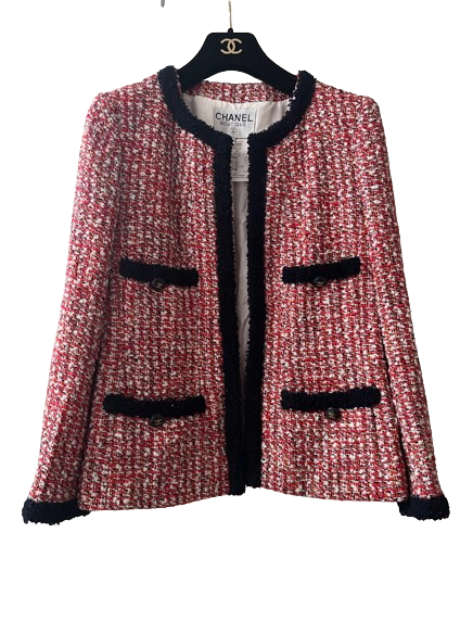 Preowned Chanel Runway Red Tweed Blazer/Jacket Size S Red / navy black