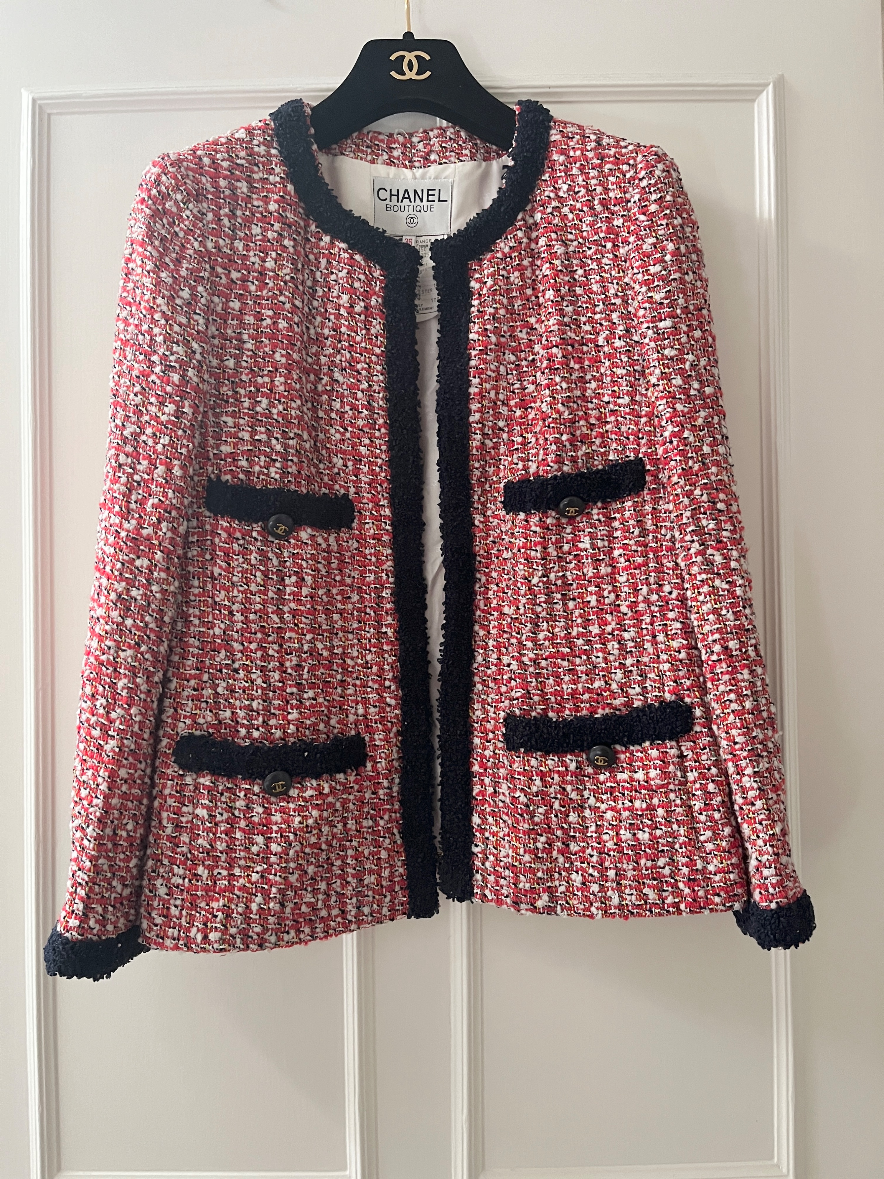 Preowned Chanel Runway Red Tweed Blazer/Jacket Size S Red / navy black