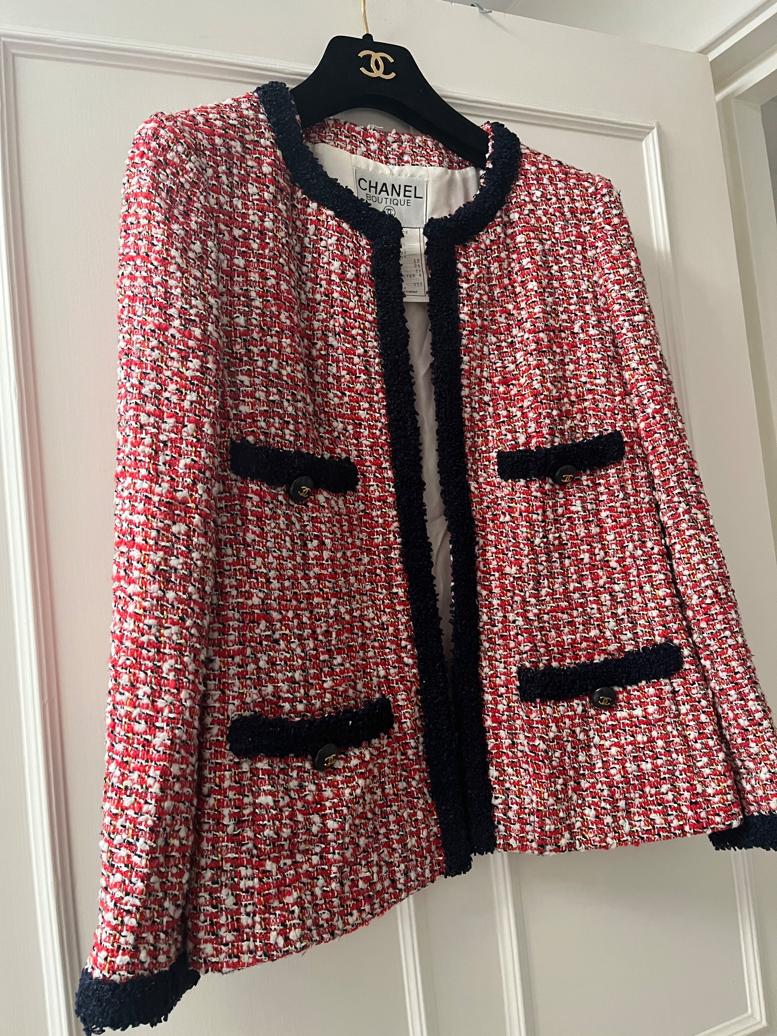 Preowned Chanel Runway Red Tweed Blazer/Jacket Size S Red / navy black