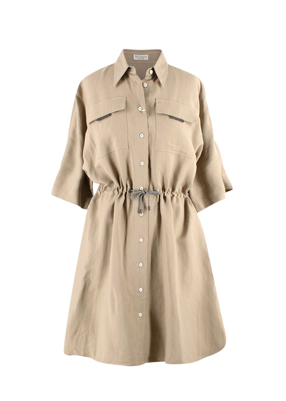 Brunello Cucinelli Beige Drawstring Waist Shirt Dress Size S viscose