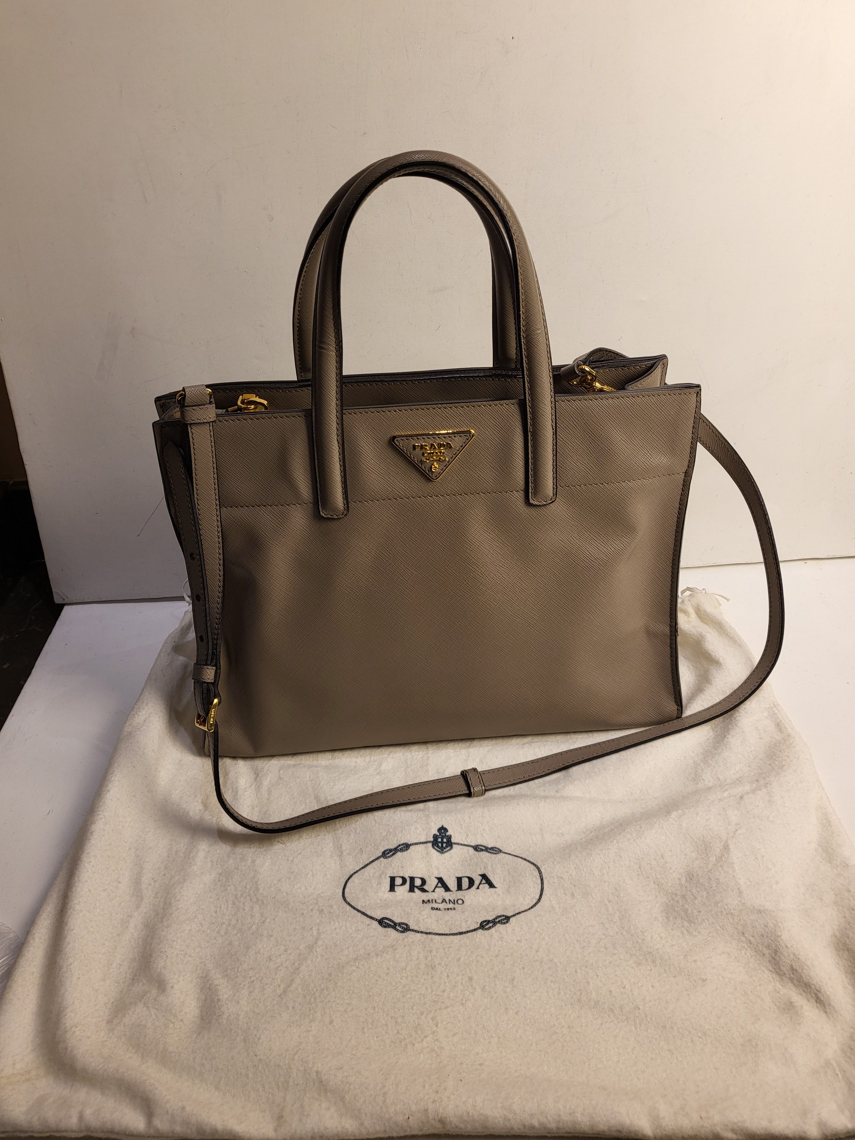 Prada Grey Saffiano Soft Triple Pocket Tote Bag