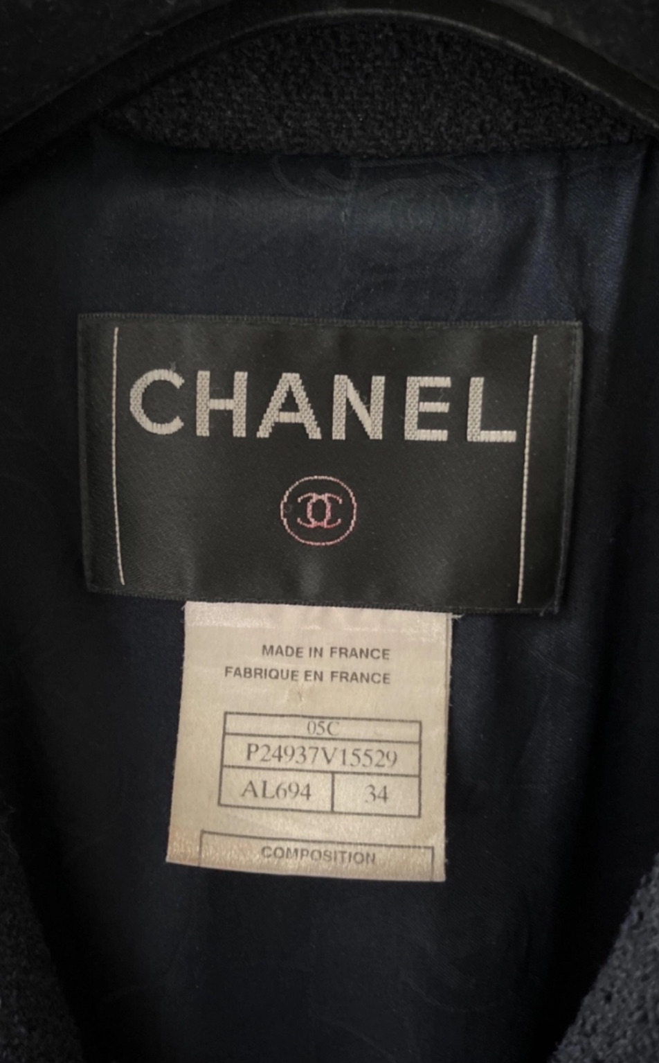 Preowned Chanel Navy Embroidered Patch Single Breasted Blazer Size XS Navy blue tweed