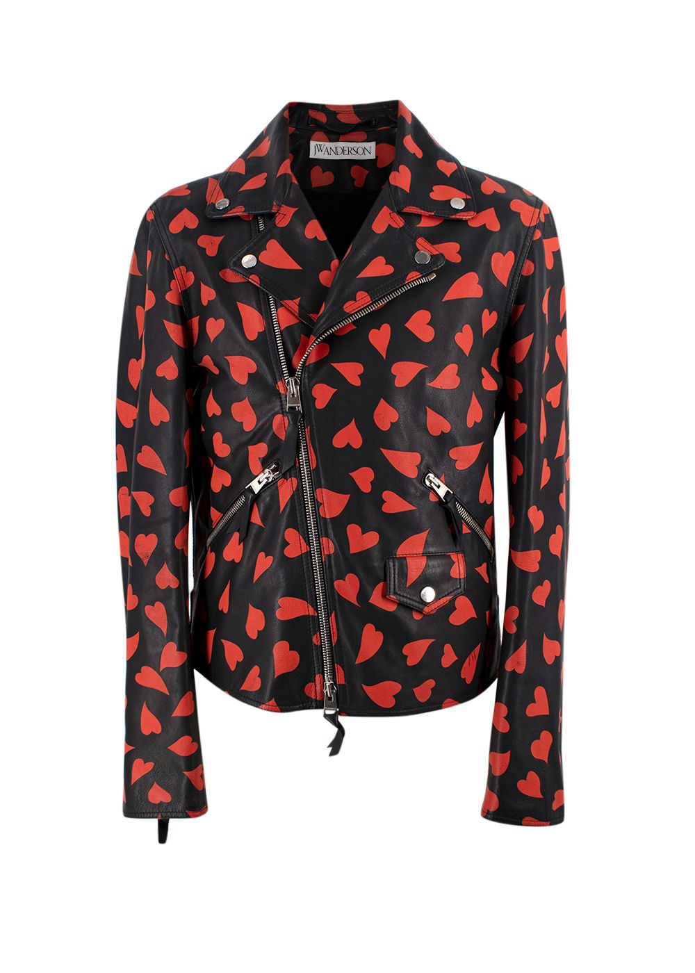 Men's Preowned JW Anderson Red  Black Heart Print Leather Biker Jacket Size M black red