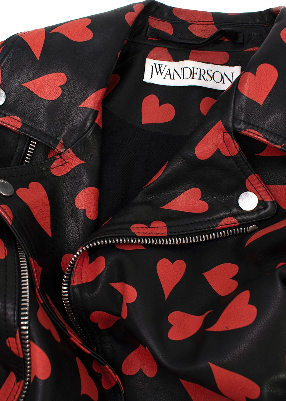 Men's Preowned JW Anderson Red  Black Heart Print Leather Biker Jacket Size M black red