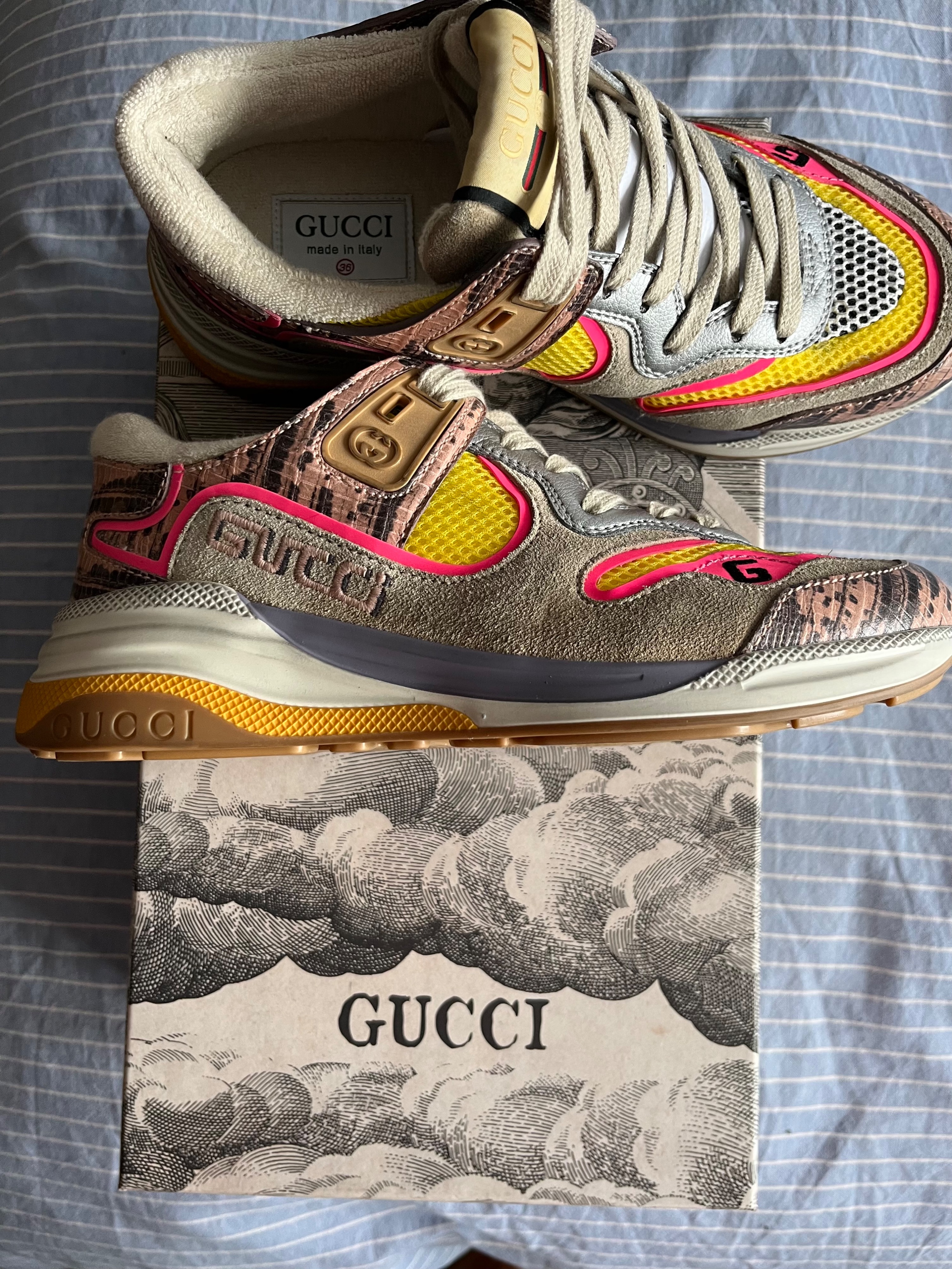 Gucci Ultrapace Snake-effect Leather Mesh And Distressed Suede Trainers Size 36 Multi leather/fabric