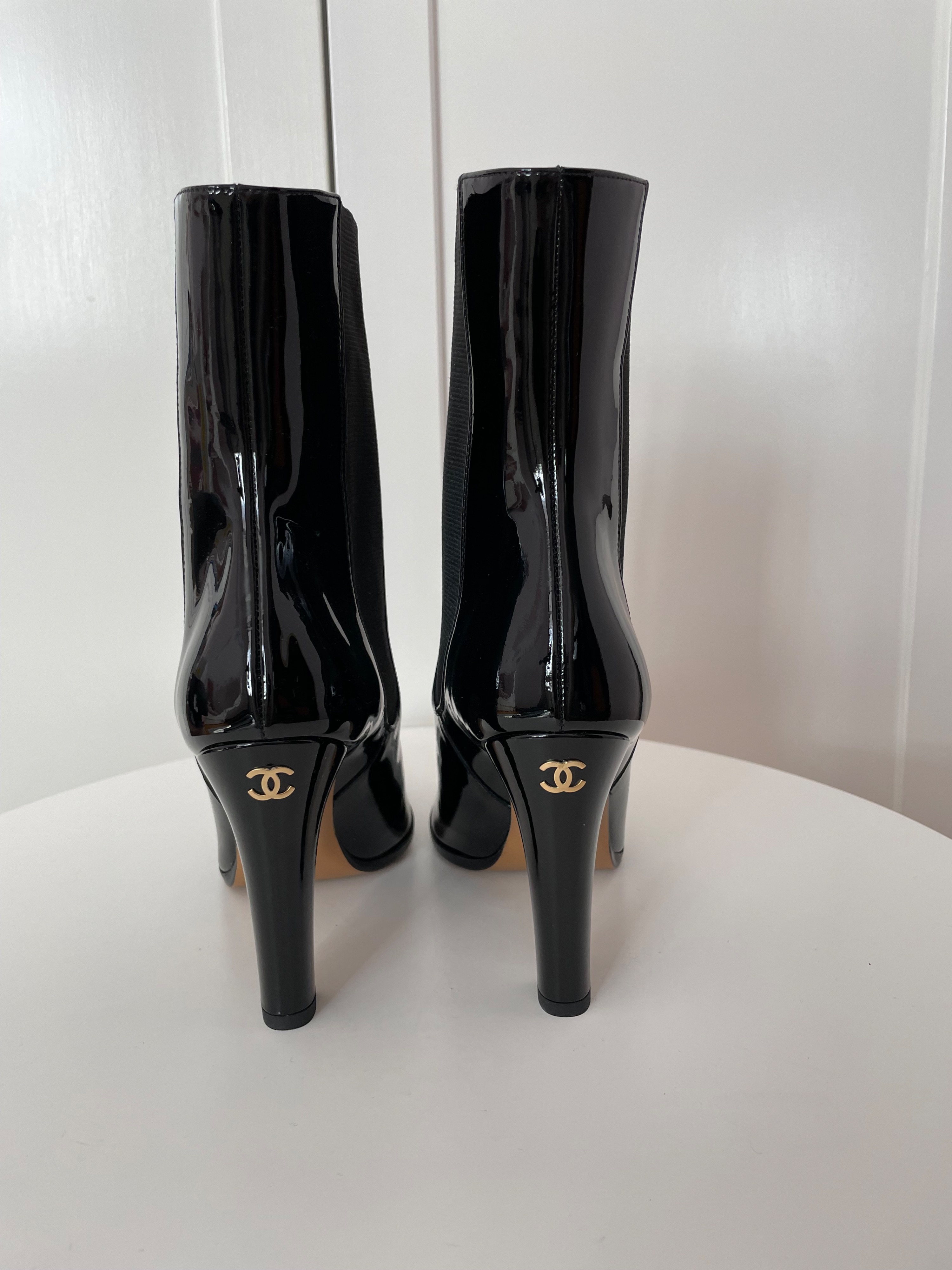 Chanel Black Patent Leather Ankle Boots Size 38.5