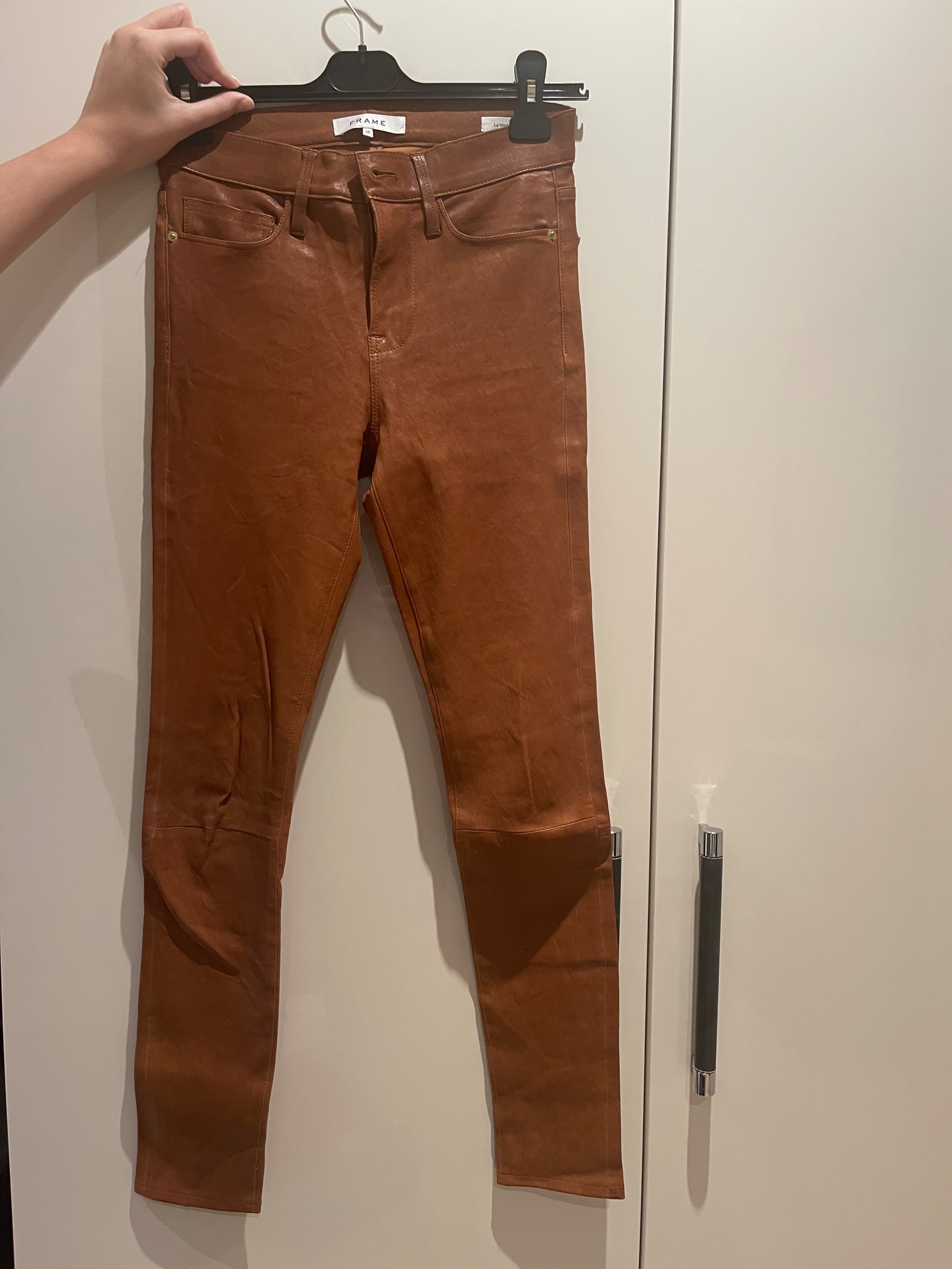 Preowned Frame Tan Leather Skinny Pants Size 26/66 Brown