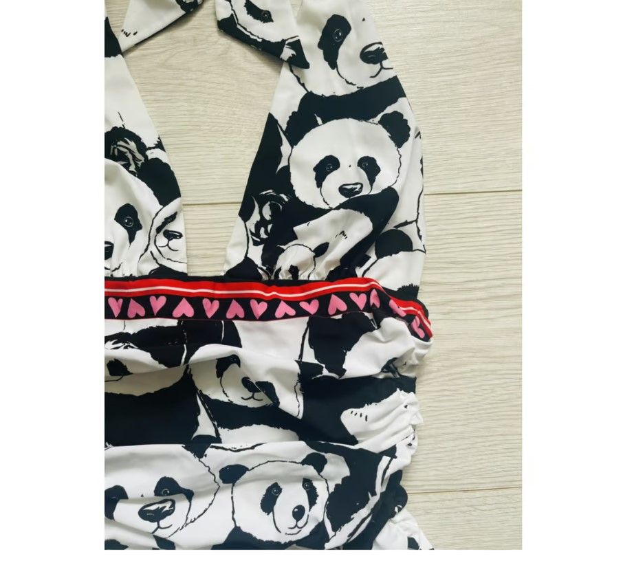 Dolce  Gabbana Panda Print Halterneck Swimsuit Size S Multicolour polyamide/elasthan