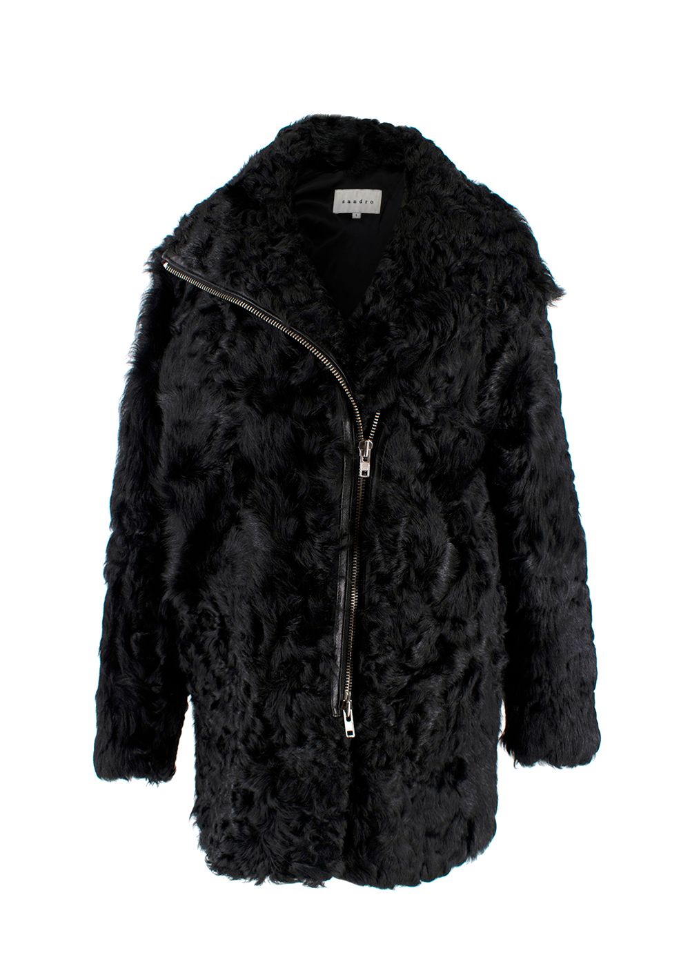 Sandro Black Lamb Fur Zip Up Coat Size S