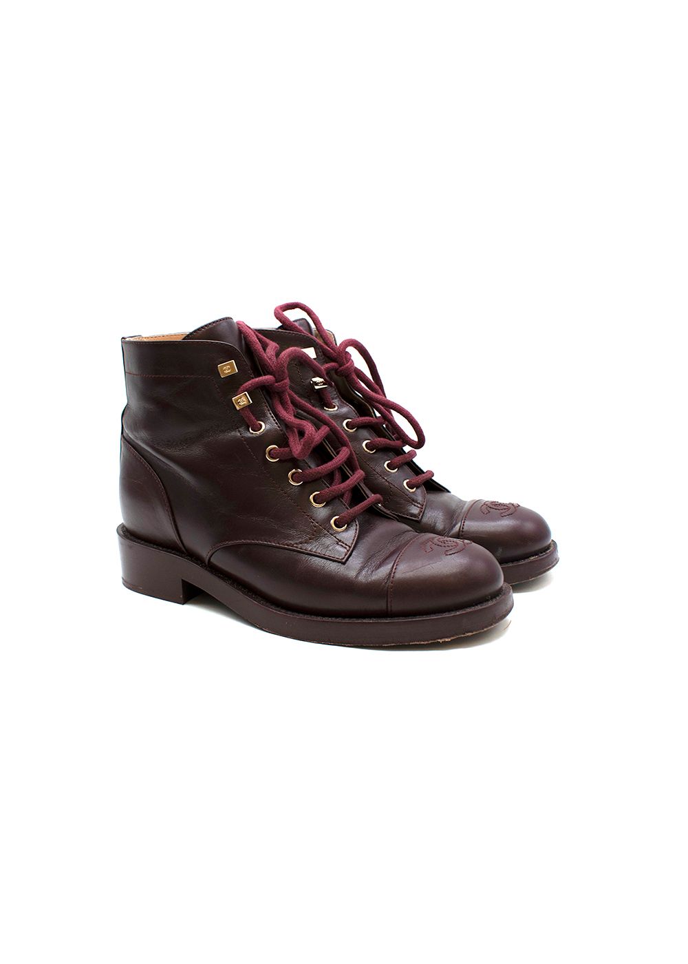 Preowned Chanel CC Embroidered Burgundy Lace Up Ankle Boots Size 37 leather