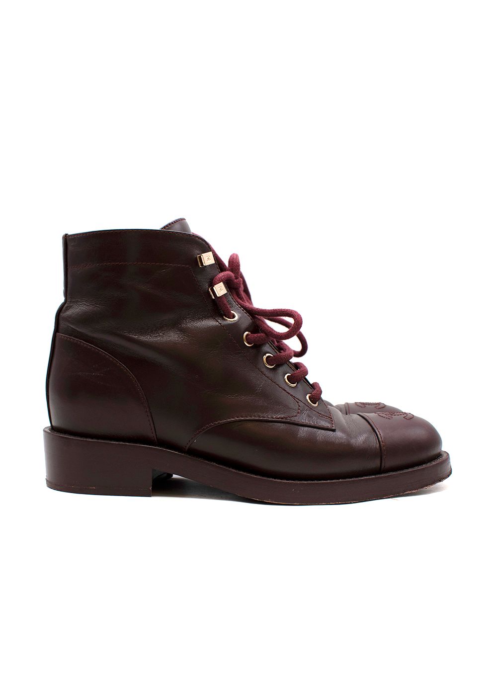 Preowned Chanel CC Embroidered Burgundy Lace Up Ankle Boots Size 37 leather