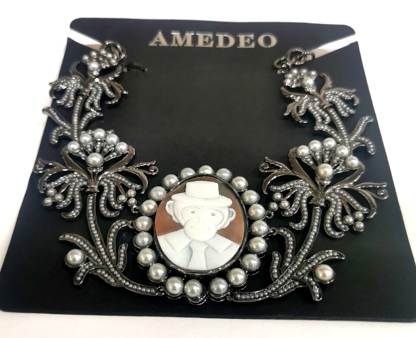 Amedeo faux pearl  crystal monkey necklace Silver metal