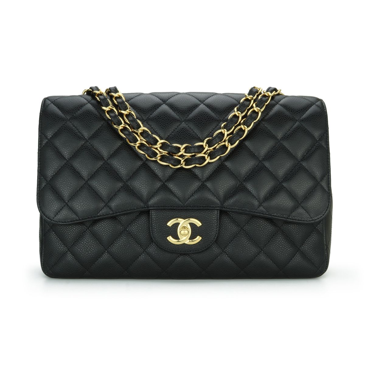 Preowned Chanel Black Caviar Leather Jumbo Flap Bag grained calfskin-caviar