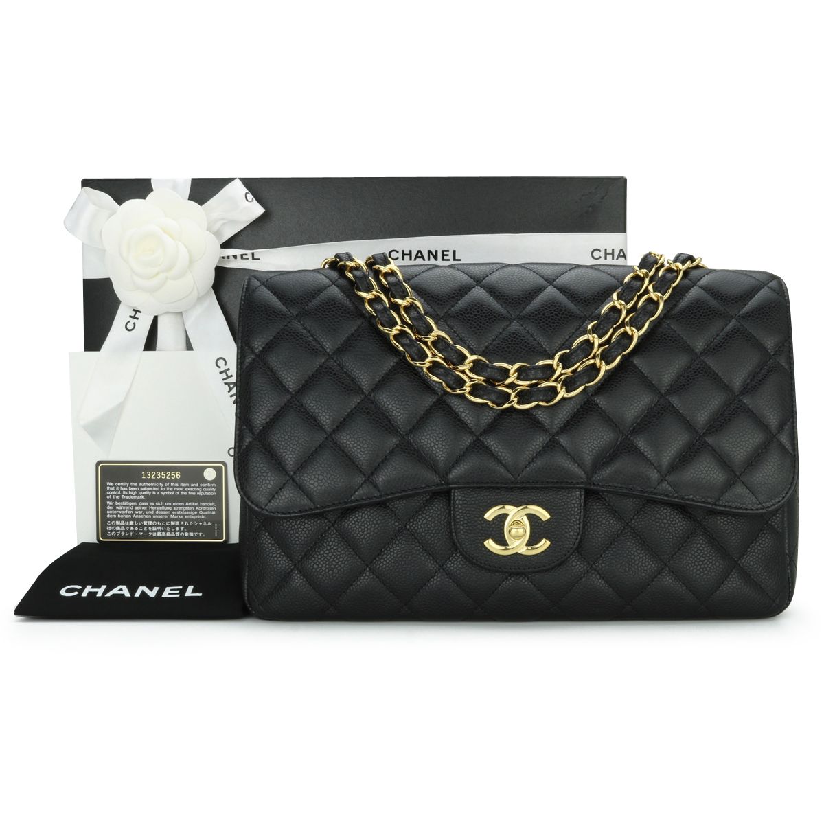 Preowned Chanel Black Caviar Leather Jumbo Flap Bag grained calfskin-caviar