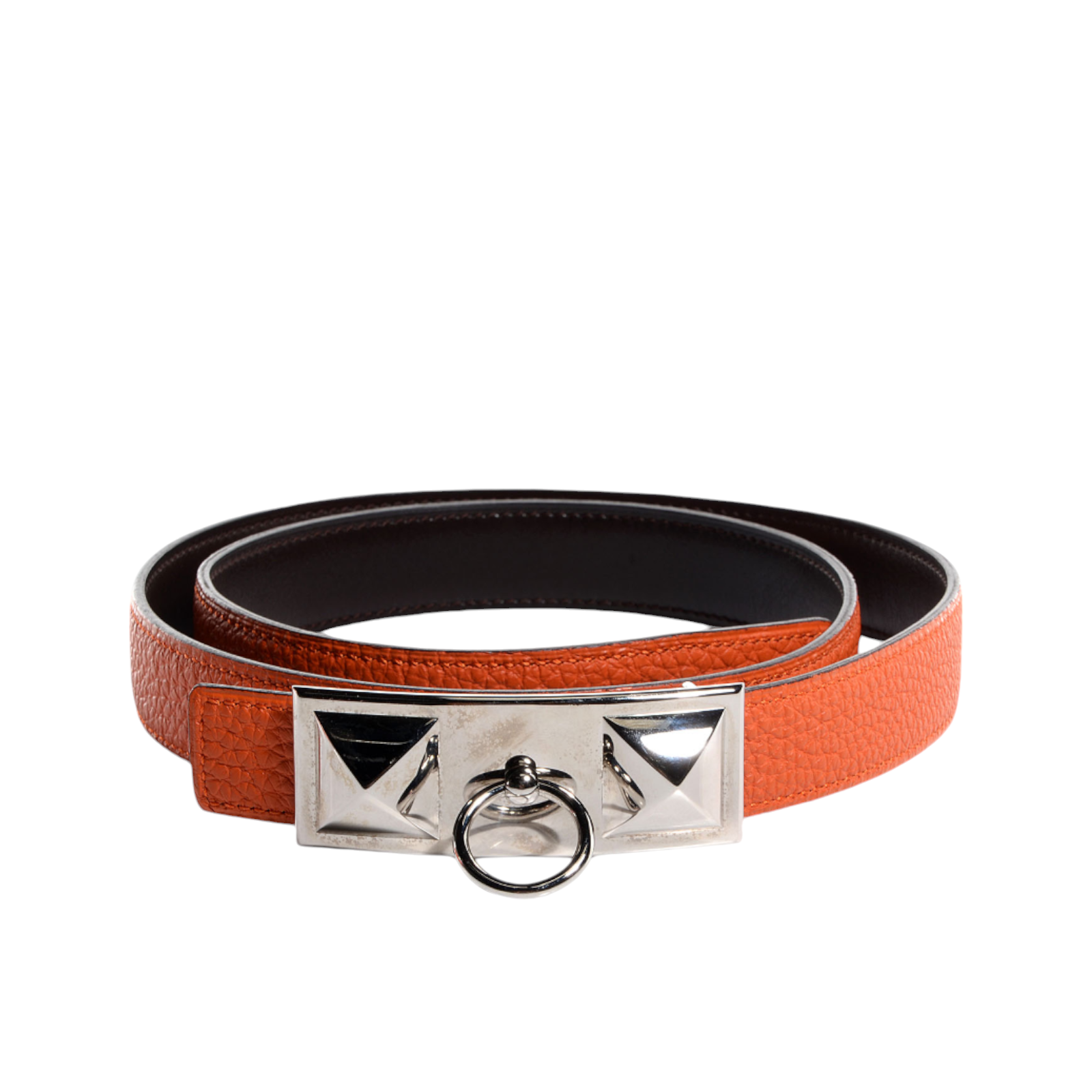 Preowned Hermes Feu Togo Leather Belt with Palladium Hardware sliverorangle