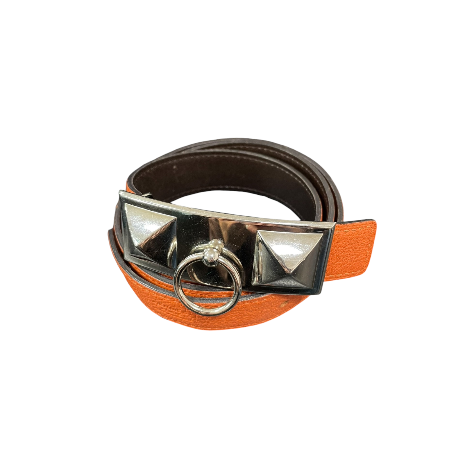 Preowned Hermes Feu Togo Leather Belt with Palladium Hardware sliverorangle