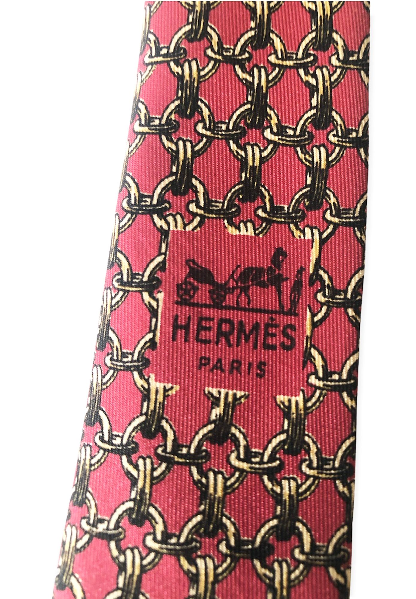 Men's Hermes Vintage Chain Print Silk Tie burgundy