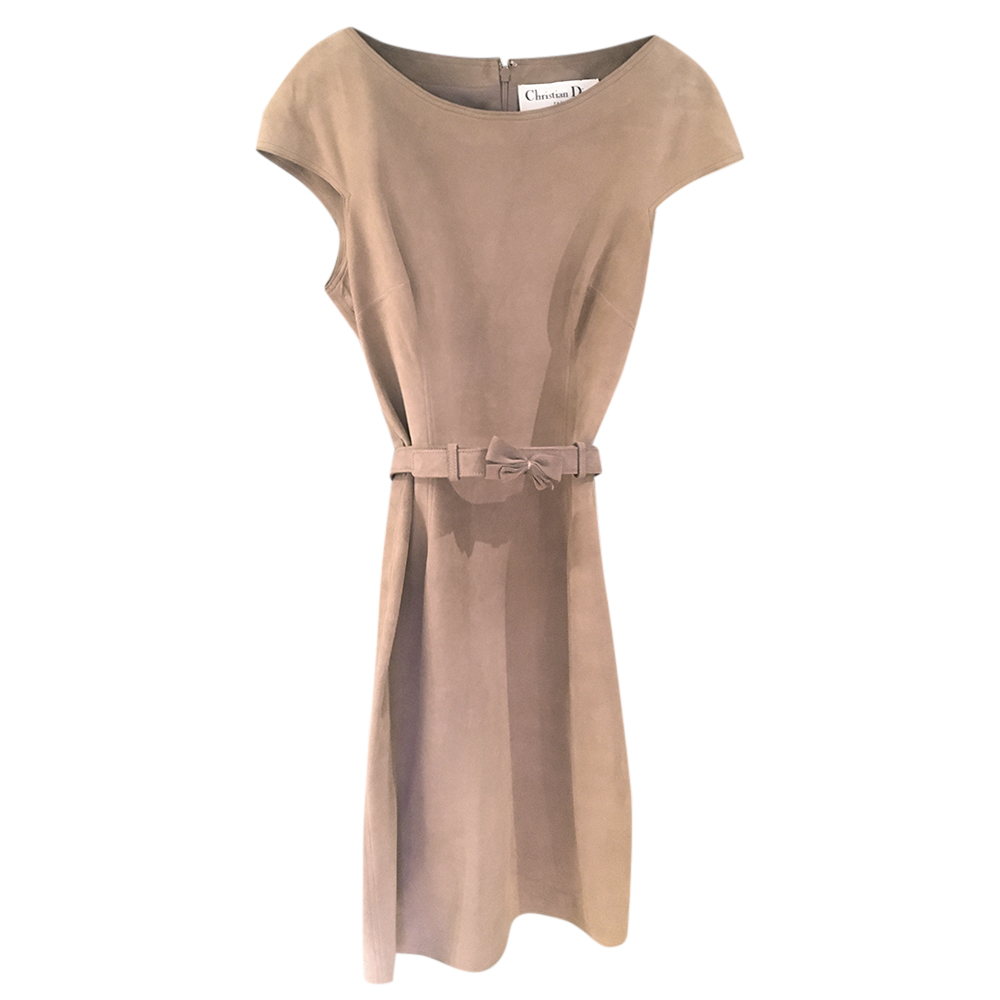 Christian Dior Lambs Suede Fitted Belted Dress Size S Beige/Nude