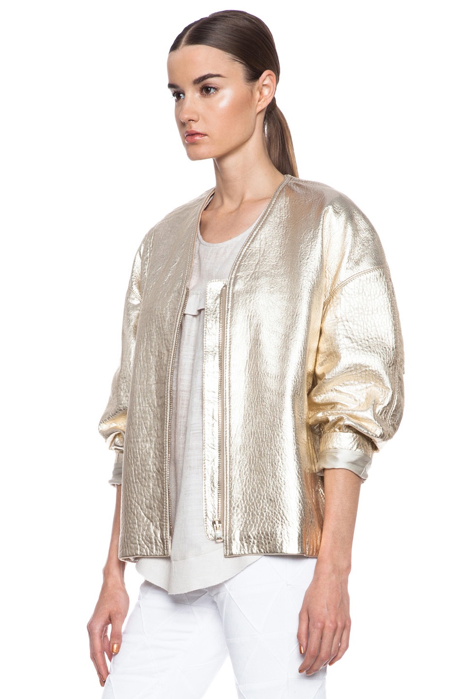 Preowned Isabel Marant Metallic gold leather collarless jacket Size M