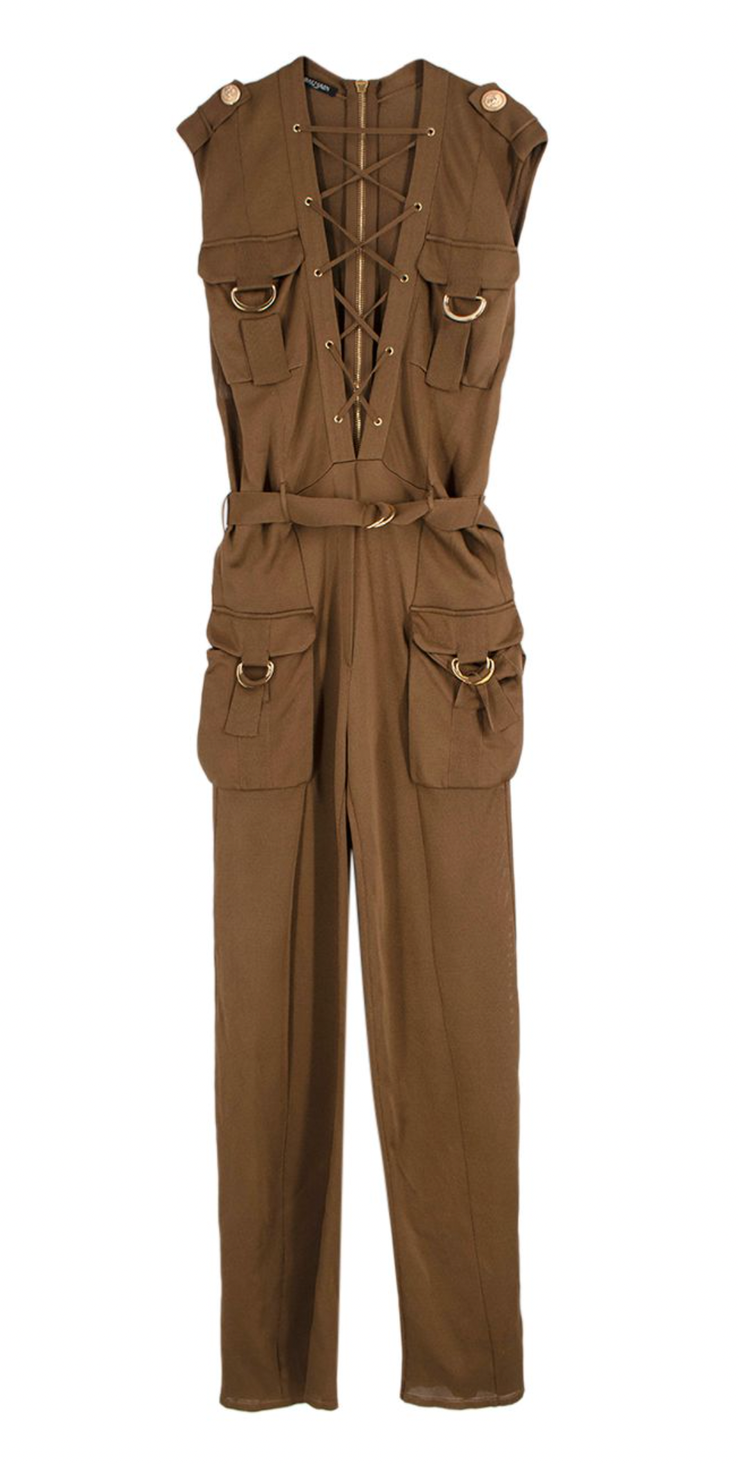 Preowned Balmain Lace-up Safari Jumpsuit Size XS Olive viscose