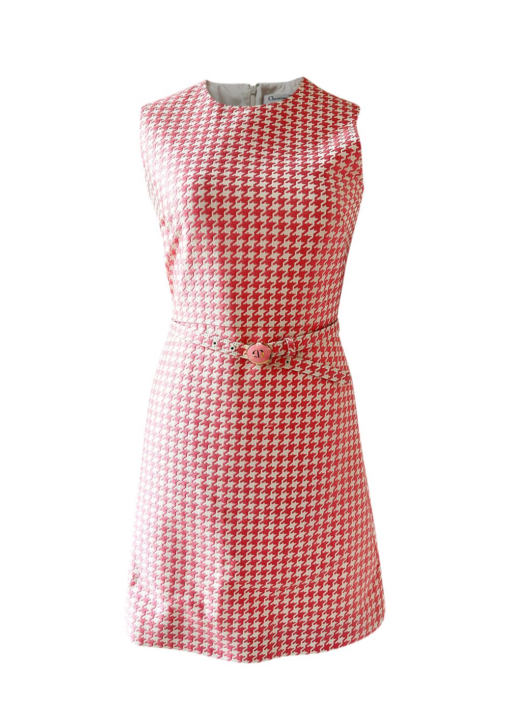 Dior Pink Houndstooth Belted Mini Dress Size M candy pink cotton/viscose/polyester