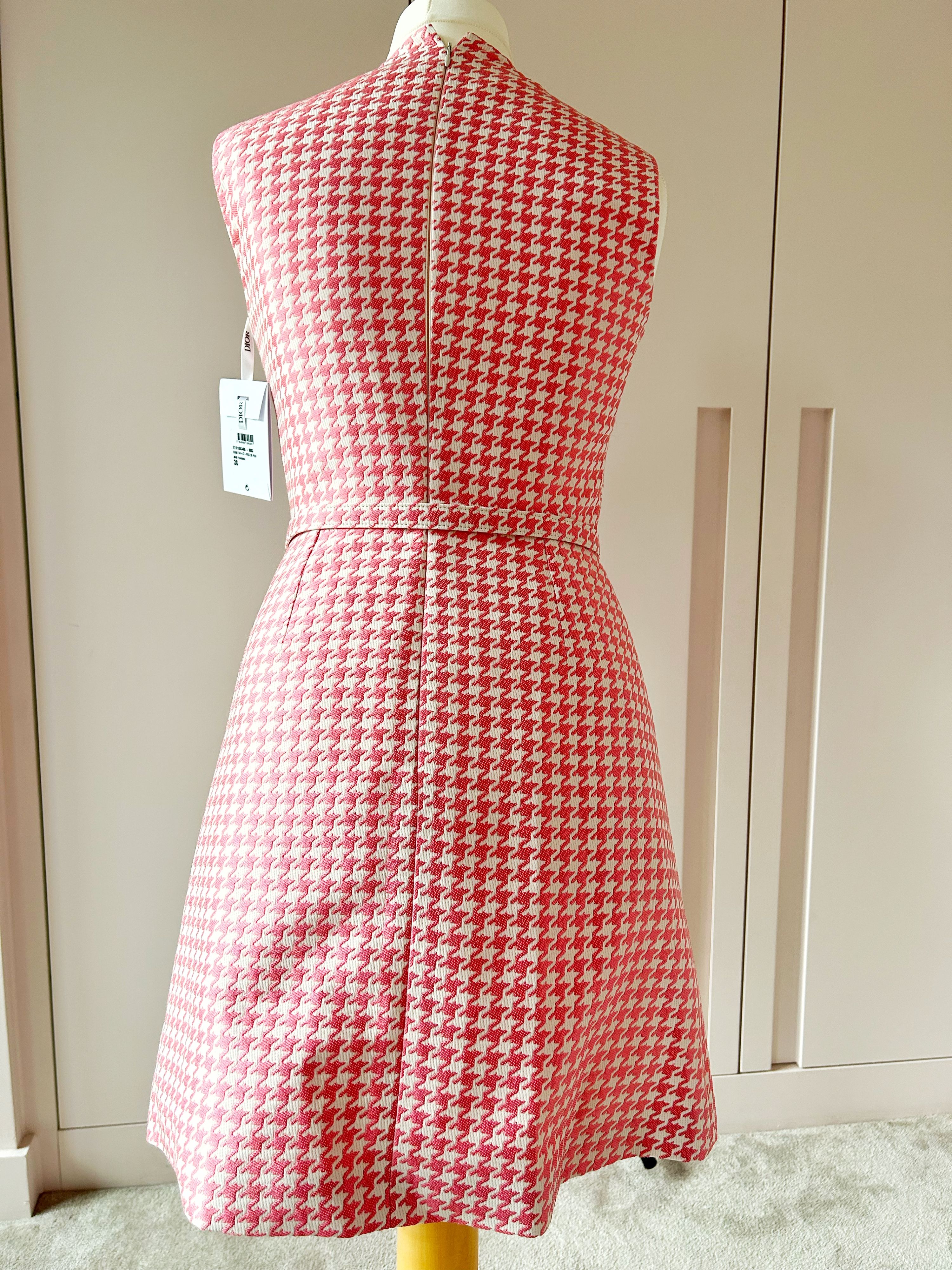 Dior Pink Houndstooth Belted Mini Dress Size M candy pink cotton/viscose/polyester