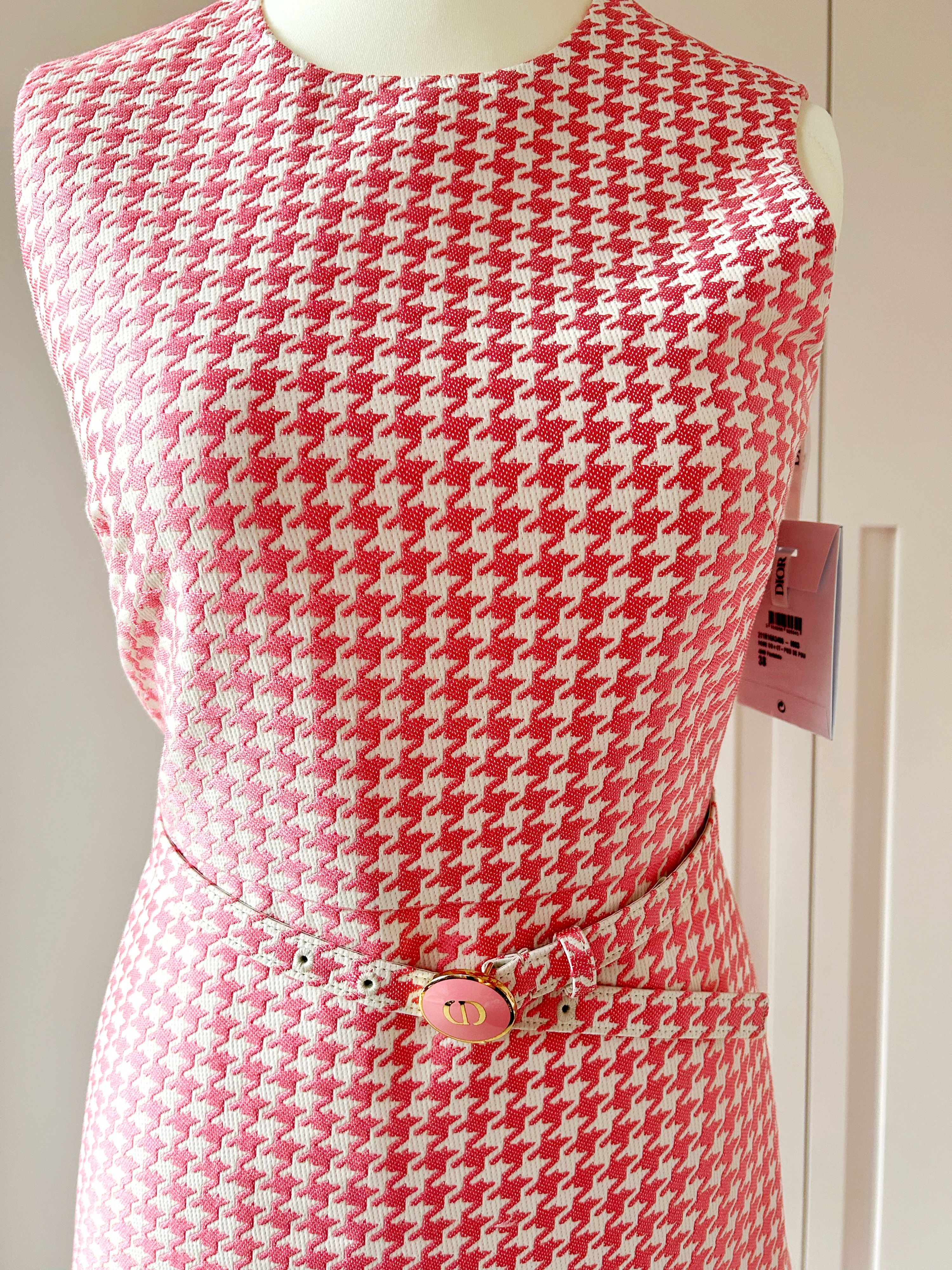 Dior Pink Houndstooth Belted Mini Dress Size M candy pink cotton/viscose/polyester