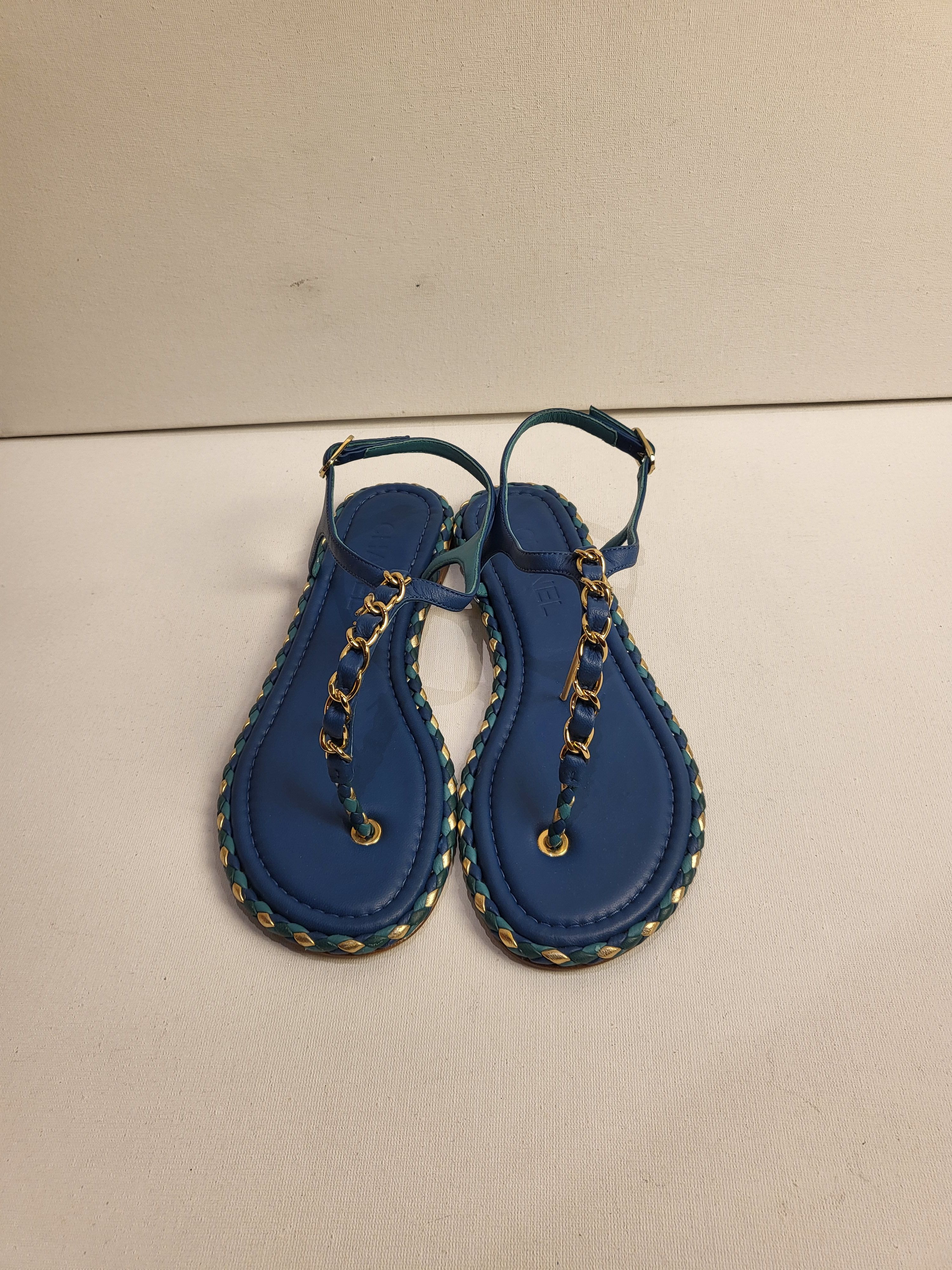 Preowned Chanel Blue Braided Trim Chain Sandals Size 38 Navy leather