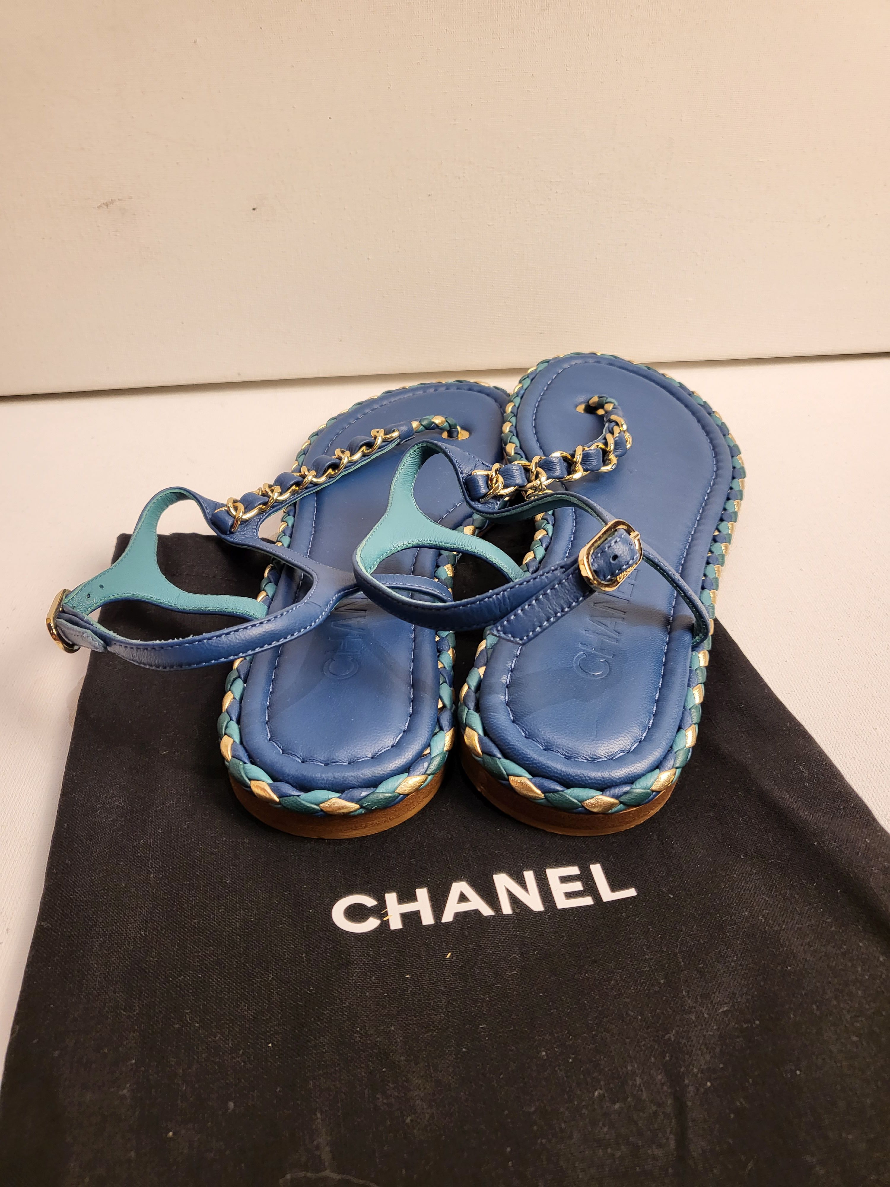 Preowned Chanel Blue Braided Trim Chain Sandals Size 38 Navy leather