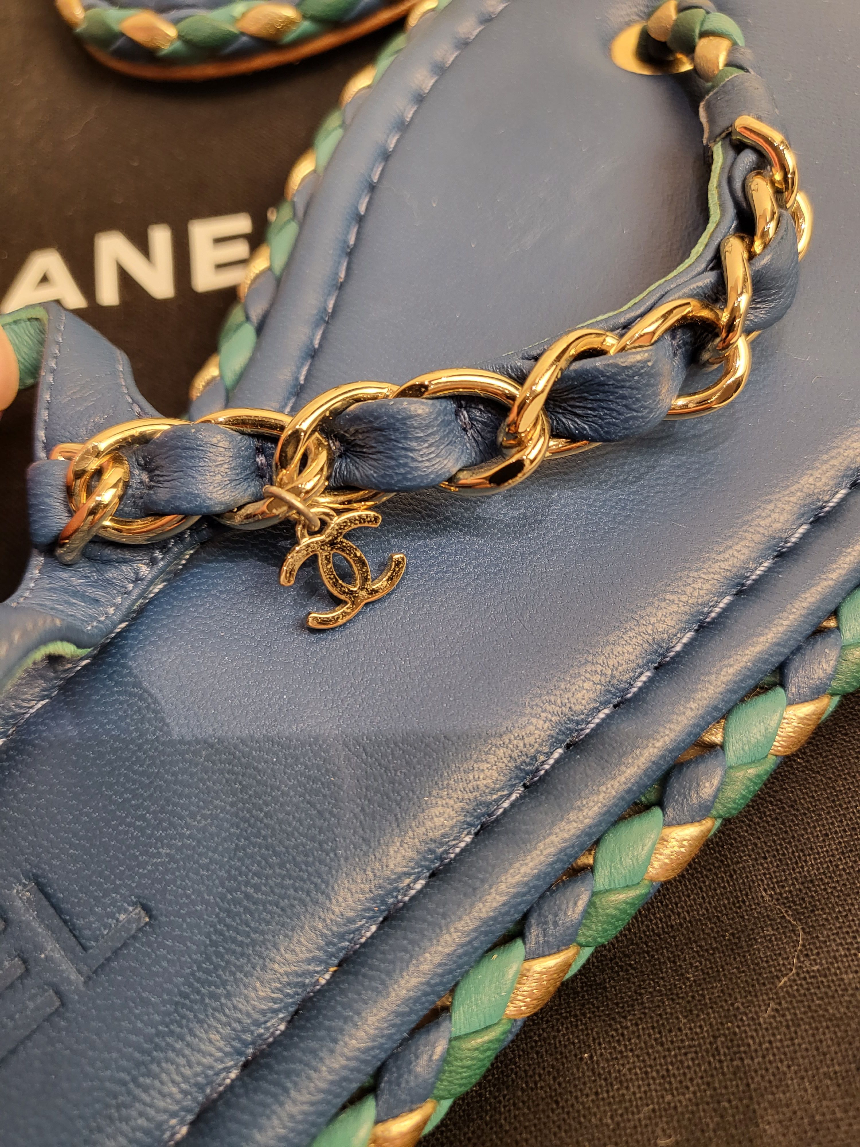 Preowned Chanel Blue Braided Trim Chain Sandals Size 38 Navy leather