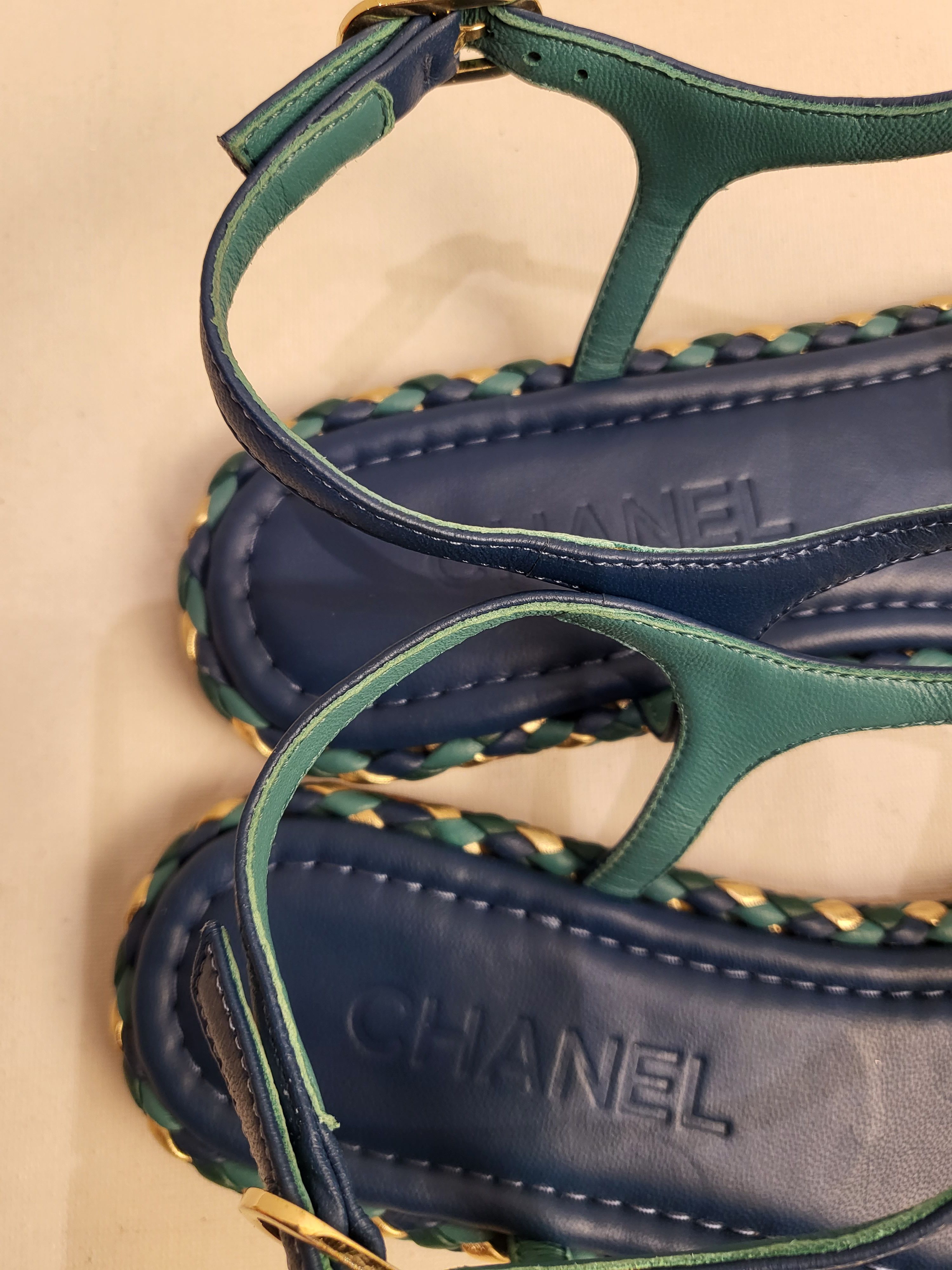 Preowned Chanel Blue Braided Trim Chain Sandals Size 38 Navy leather