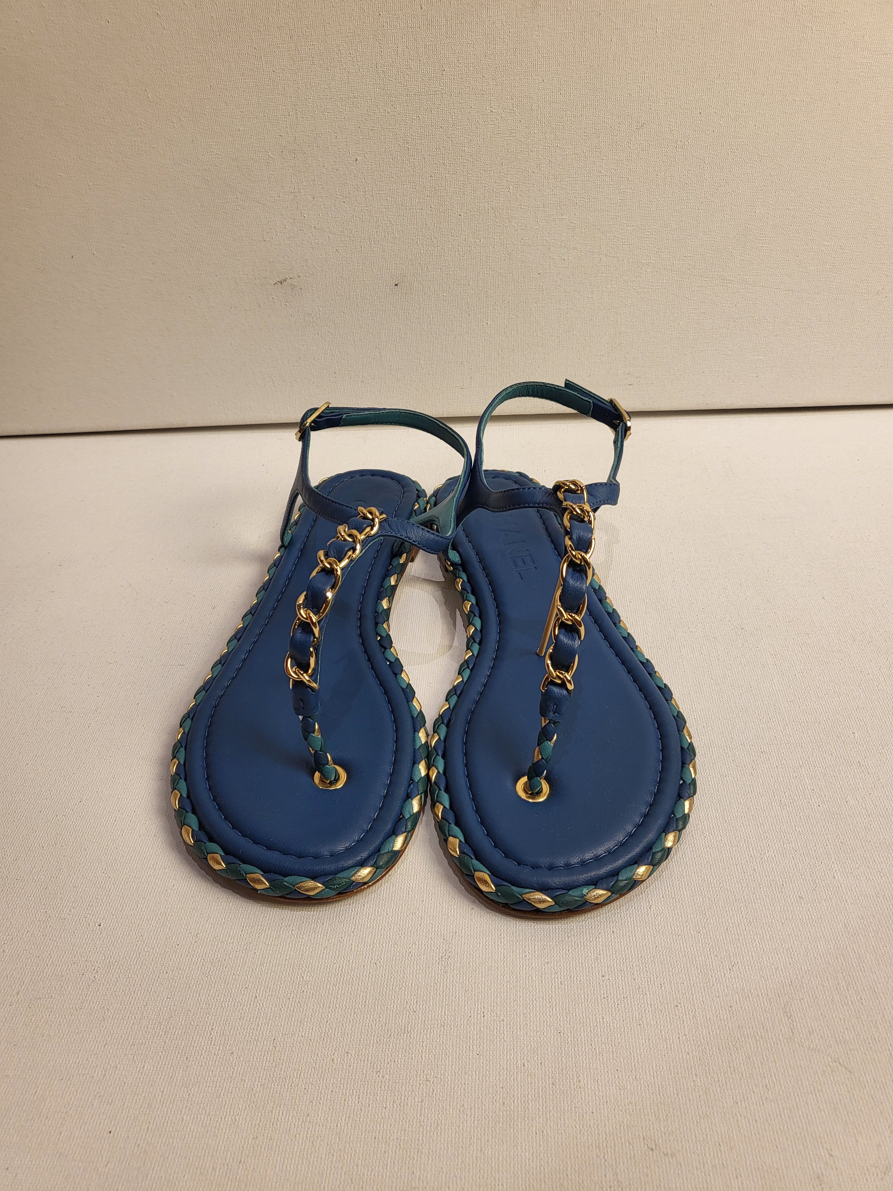 Preowned Chanel Blue Braided Trim Chain Sandals Size 38 Navy leather