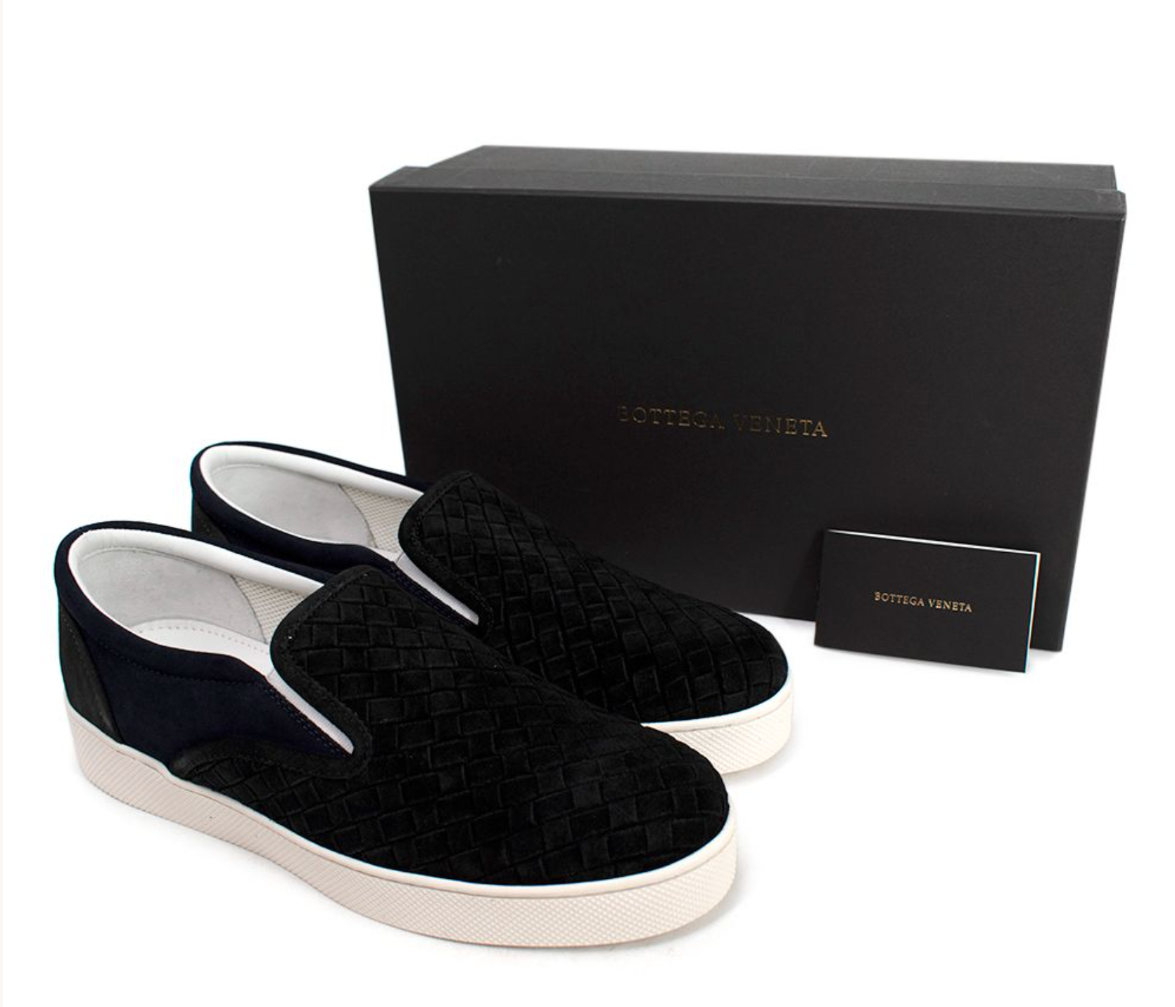 Bottega Veneta Black and Navy Suede Intrecciato Slip on Trainers Size 385 black and white